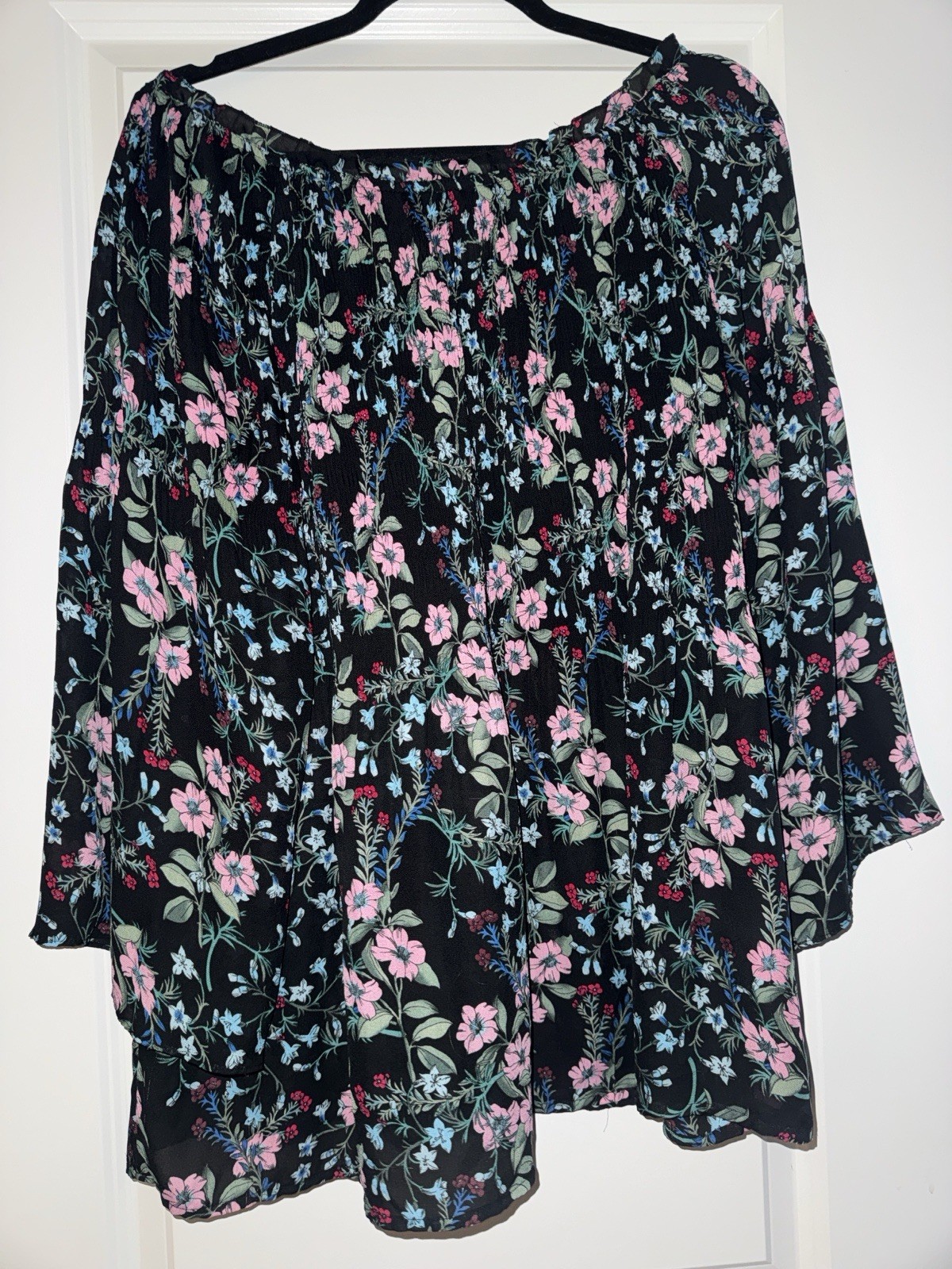 Spense Floral Multicolor Sheer Pleated Babydoll Blouse Size L Flowy Soft Design