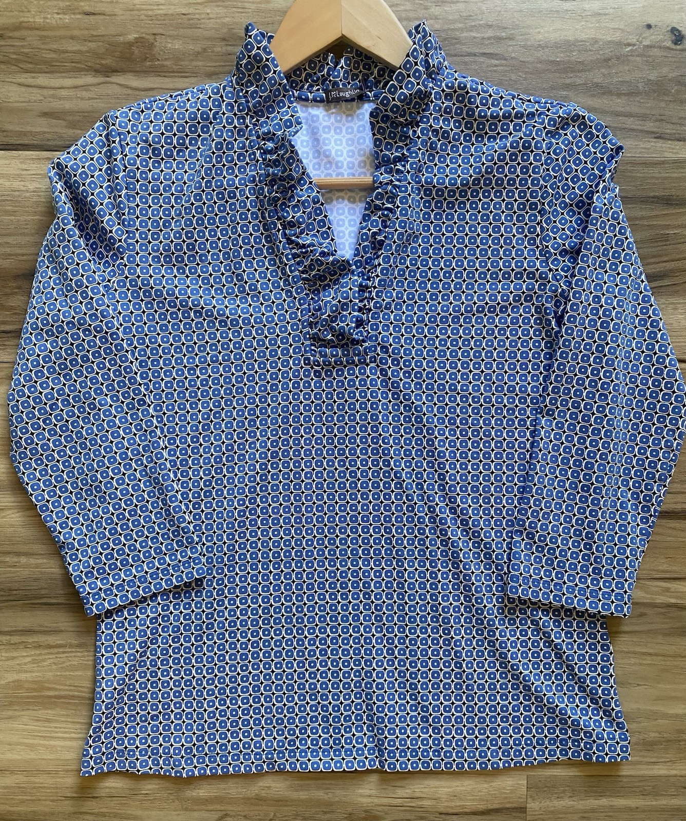 J.McLaughlin Blue Geometric 3/4 Sleeve Ruffle Collar V Neck Women’s Medium Shirt