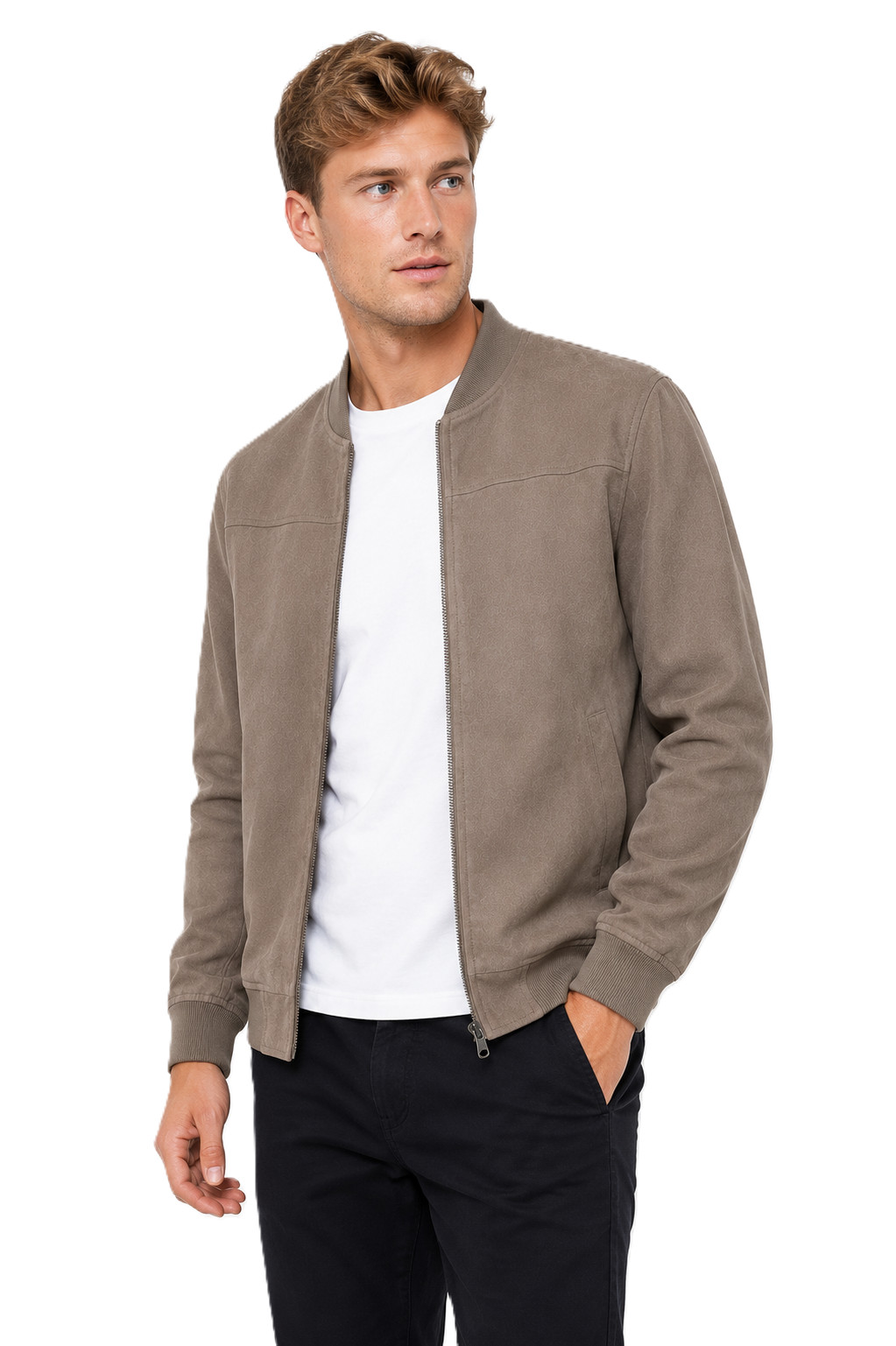 Men’s Taupe Suede Bomber Jacket Varsity Style Soft Zip Up Coat XS-5XL