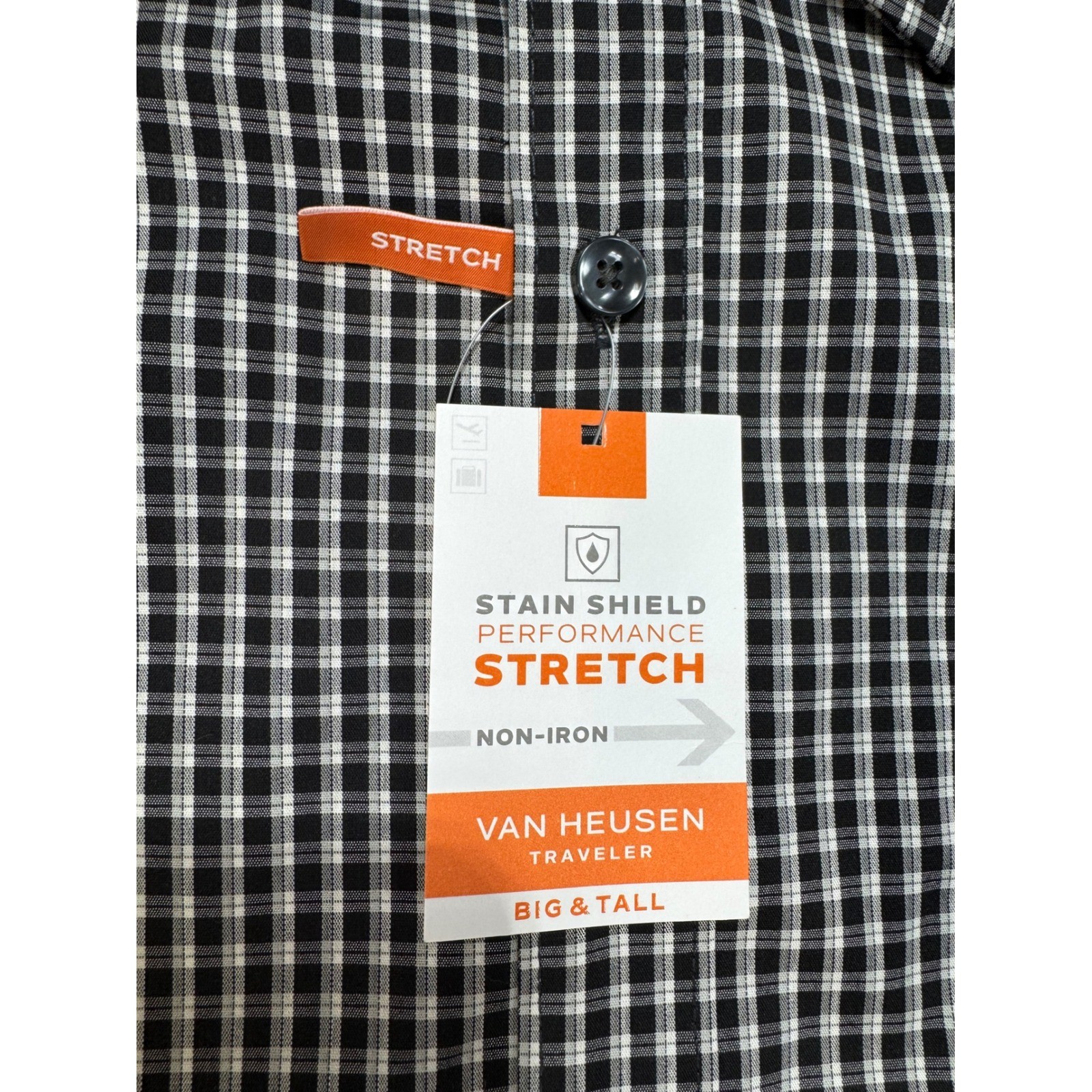 XLT Men’s Button Down Shirt Van Heusen Traveler Black Gingham Performance NWT