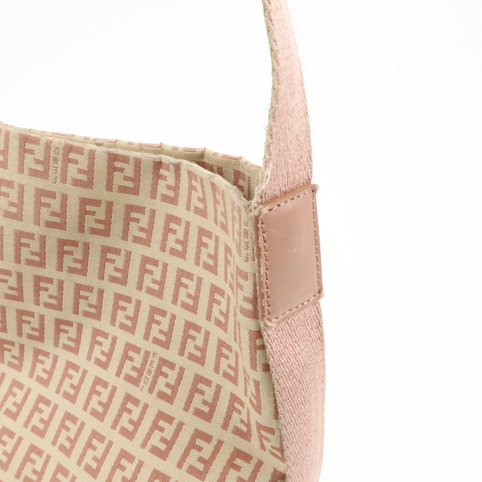 FENDI Zucchino Canvas Leather Shoulder Bag Beige Pink 8BR318 Authentic Used F/S