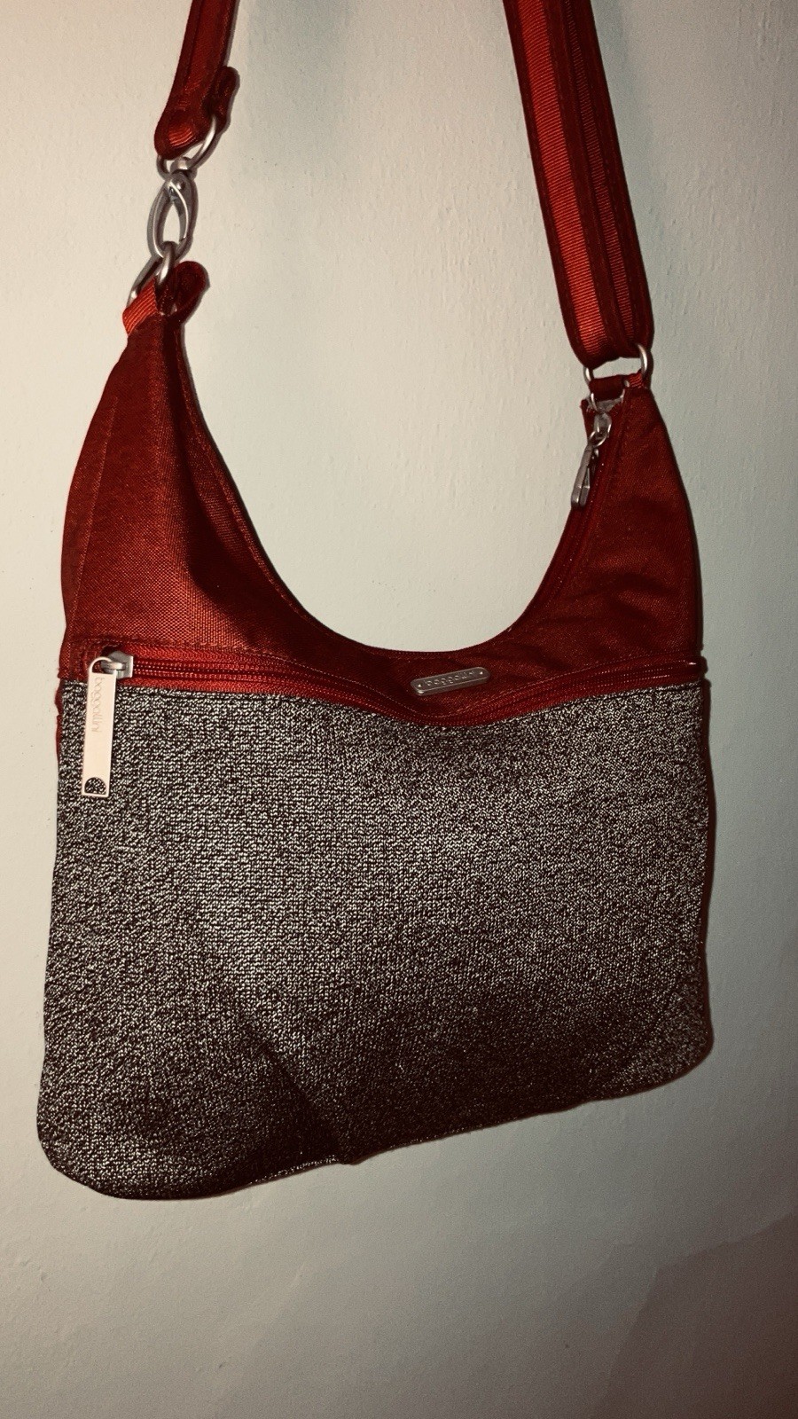 Baggallini SecurTex Anti Theft Half Moon Crossbody Red & Gray Bag