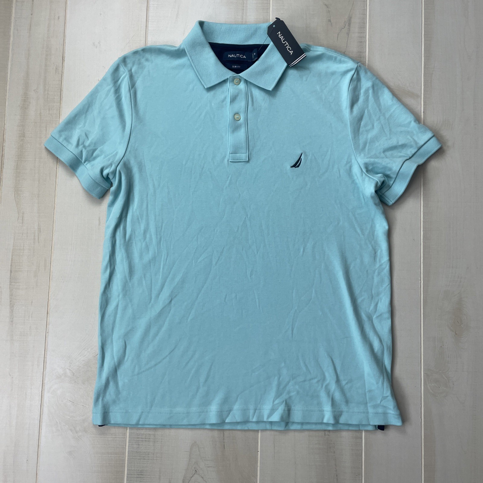 Nautica Polo Shirt Men’s Medium Blue Solid Slim Fit Knit Logo Harbormist New