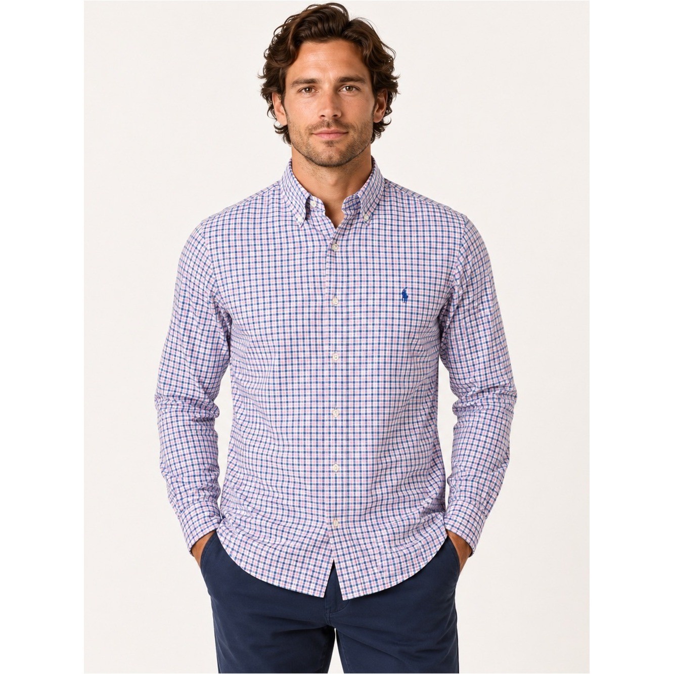 Ralph Lauren LG Blue Pink Plaid Button Down Shirt Cotton Classic Fit Men