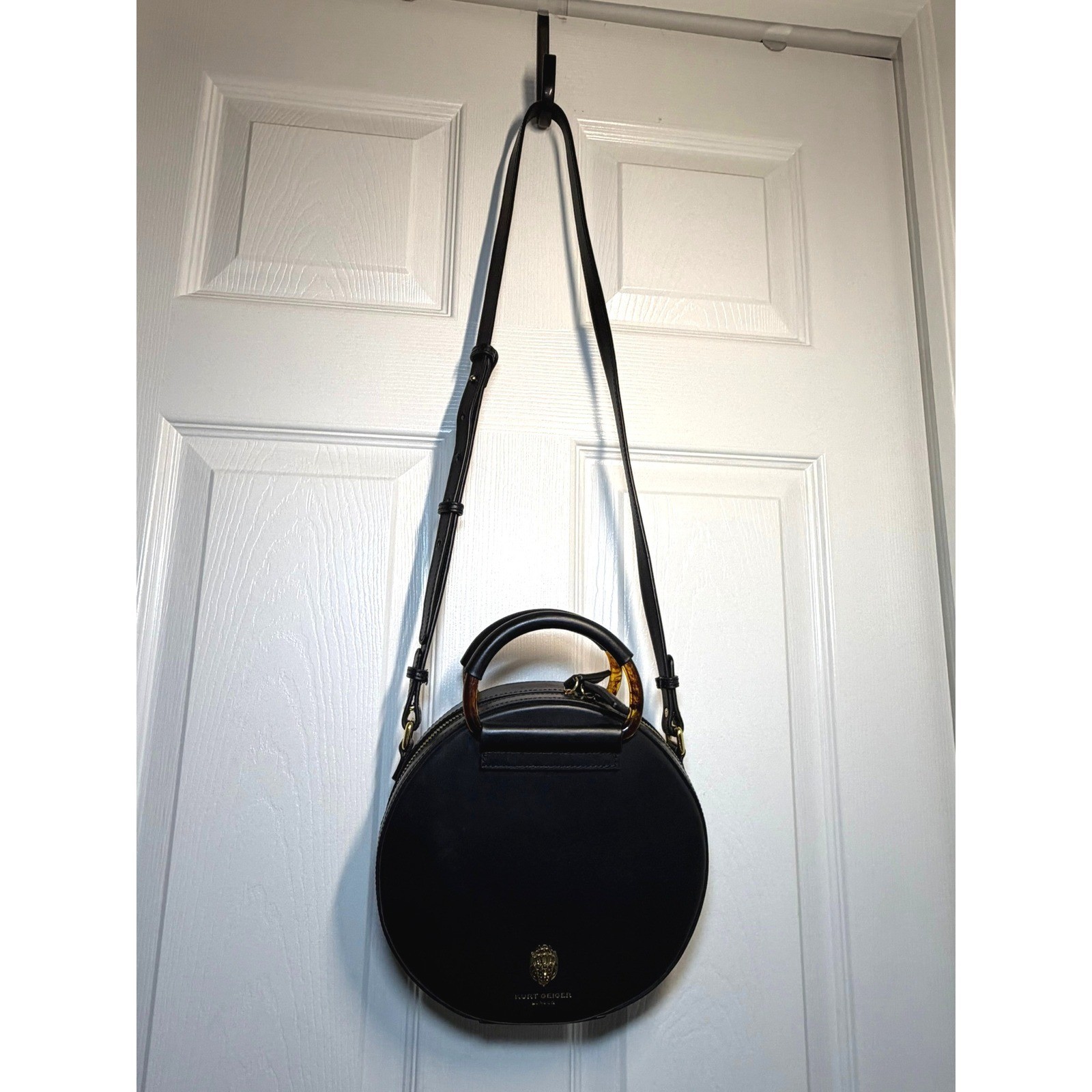 Kurt Geiger London Black Leather Round Crossbody Bag Tortoise Handle Eagle Head