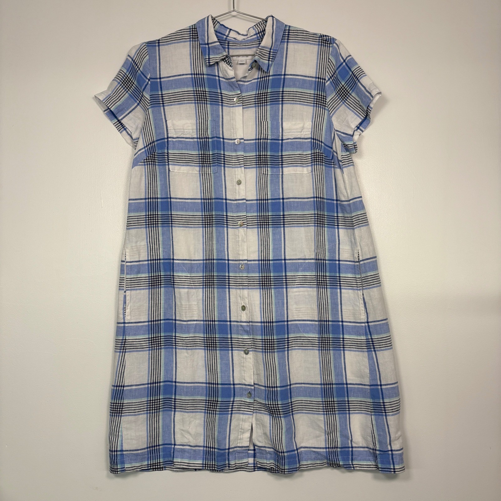 J. Jill Womens Shirt Dress Sz M Blue White Plaid Love Linen Short Sleeve Pocket