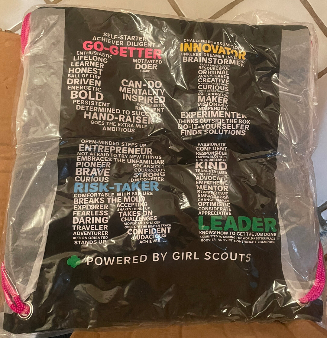 CANVAS DRAWSTRING TOTE LARGE GIRL POWER GIRL SCOUTS BLACK BACKPACK BAG 15″ x 16″