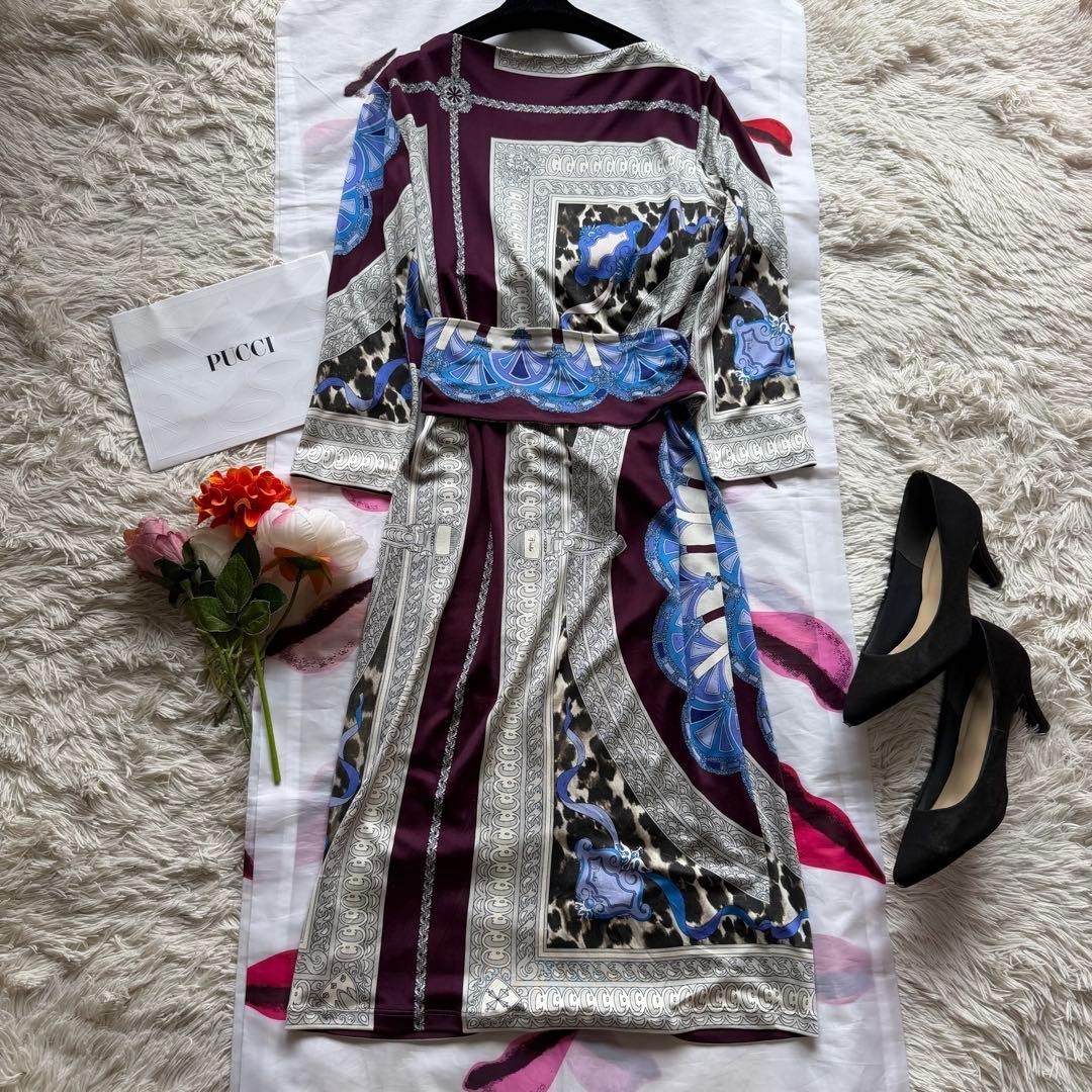 Emilio Pucci Silk Print Dress Gray Brown Purple Belted Long Dress Size IT42