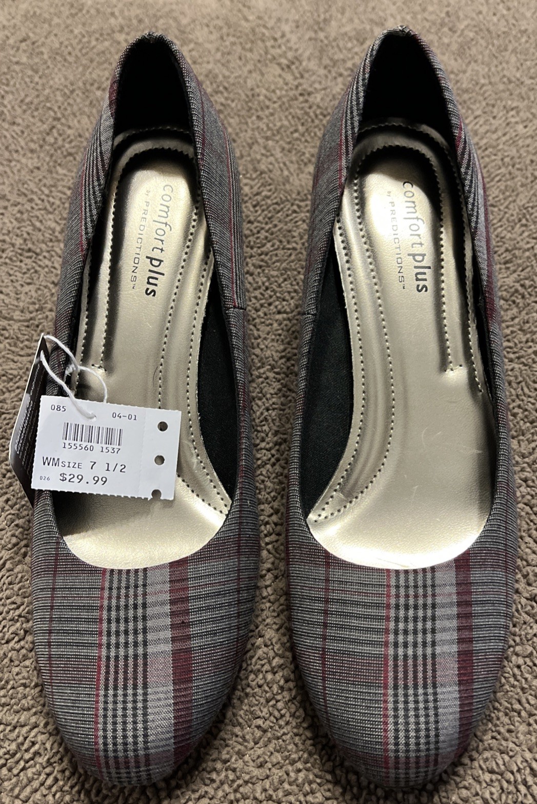 COMFORT PLUS by Predictions Gray Plaid Pumps Heels Shoes Womens Size 7 1/2 NWT