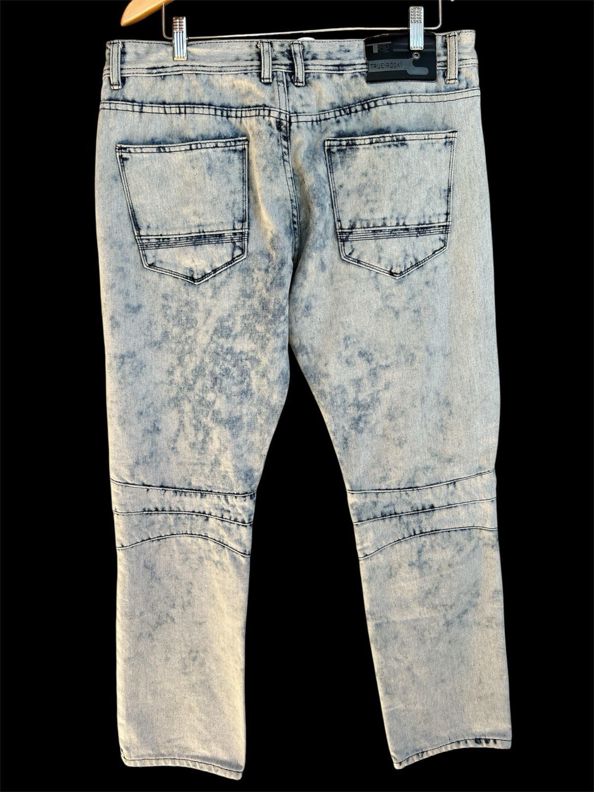 True Rock Jeans Mens 36×31 Blue Distressed Patched Acid Wash Straight Moto