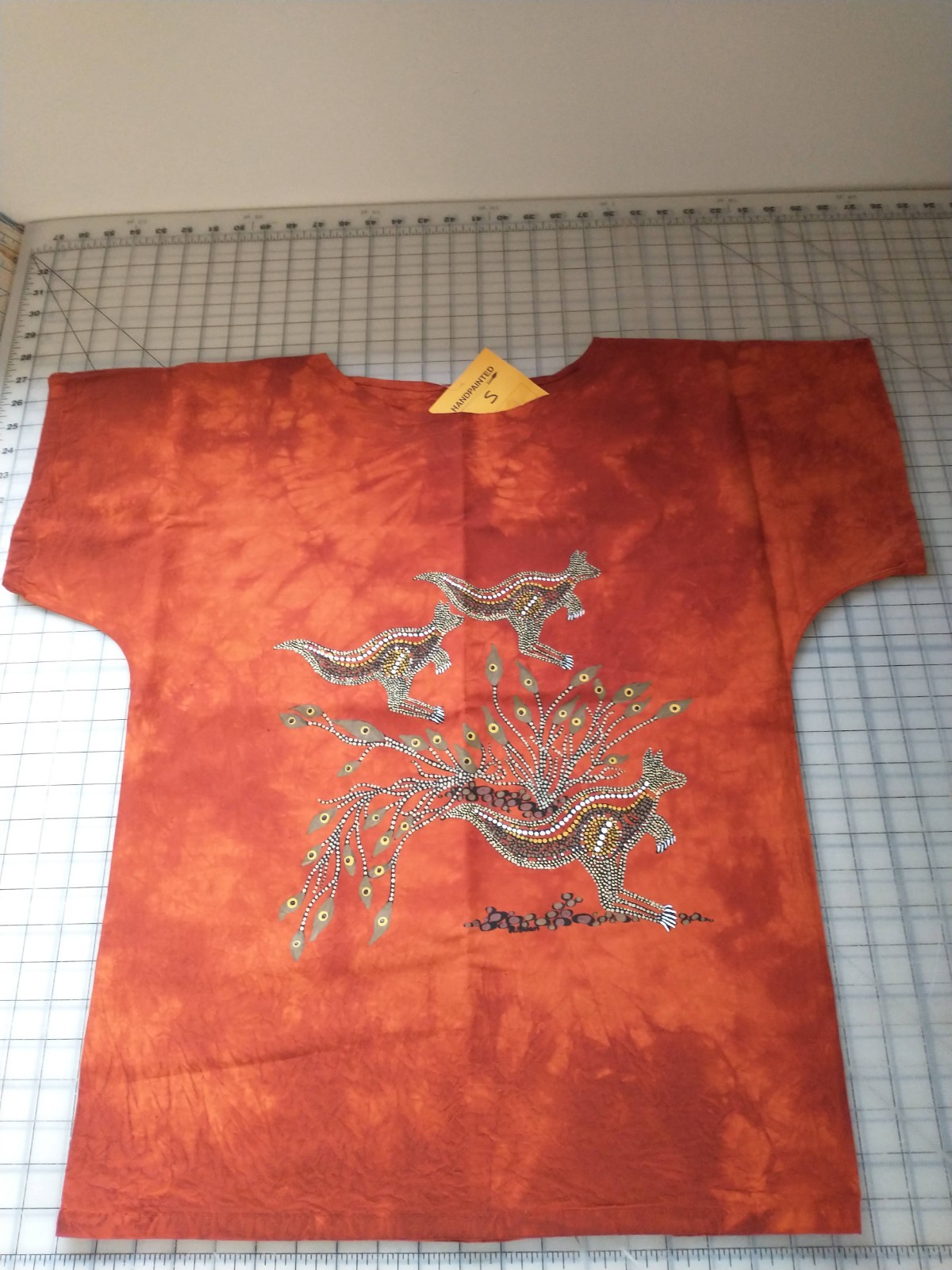 Australian Aboriginal Hand Painted Art Shirt, Mud Cloth Tie Dye Cotton, Kangaroo