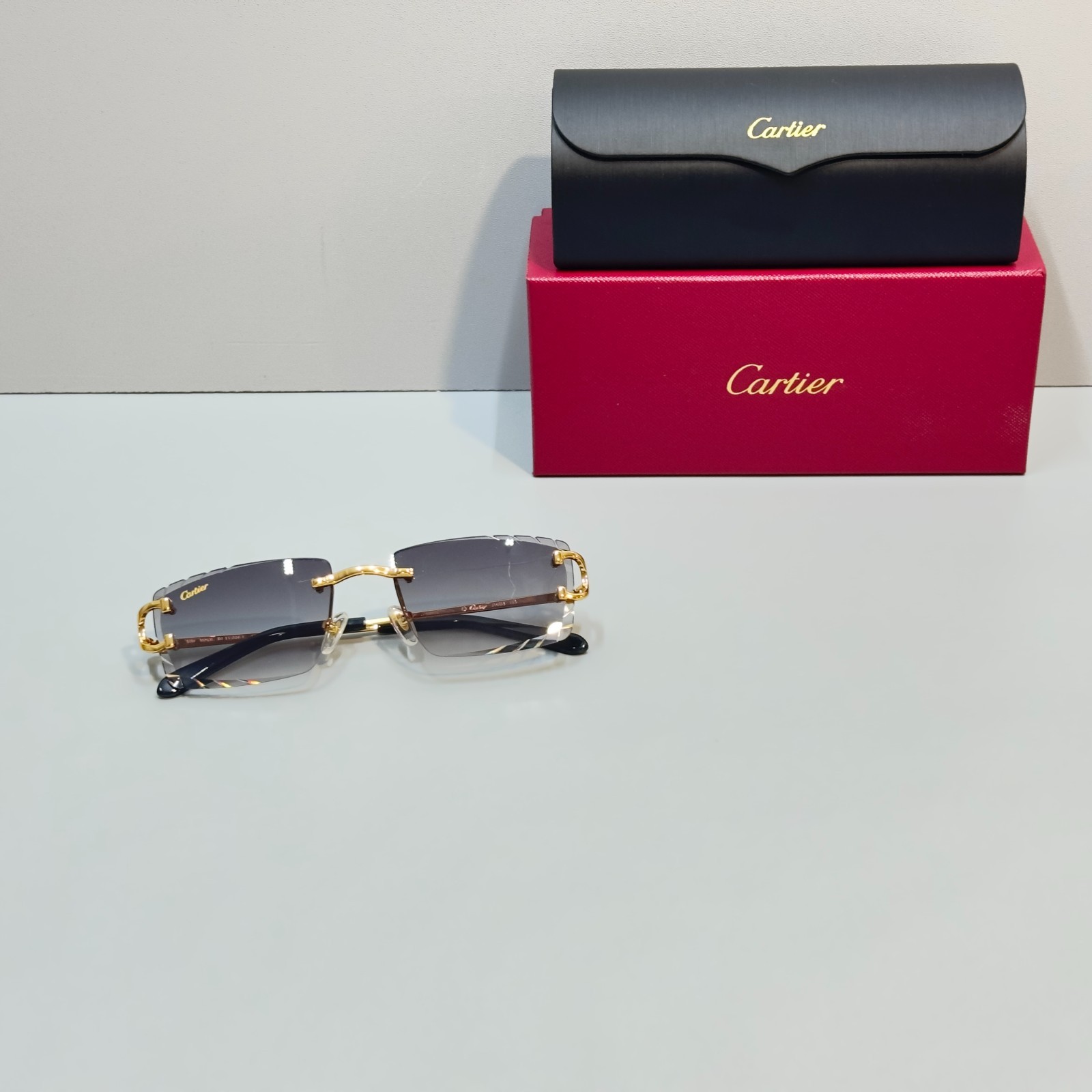 Cartier CT0092O Big C Gold Rimless Gray Gradient Sunglasses New w/ Box