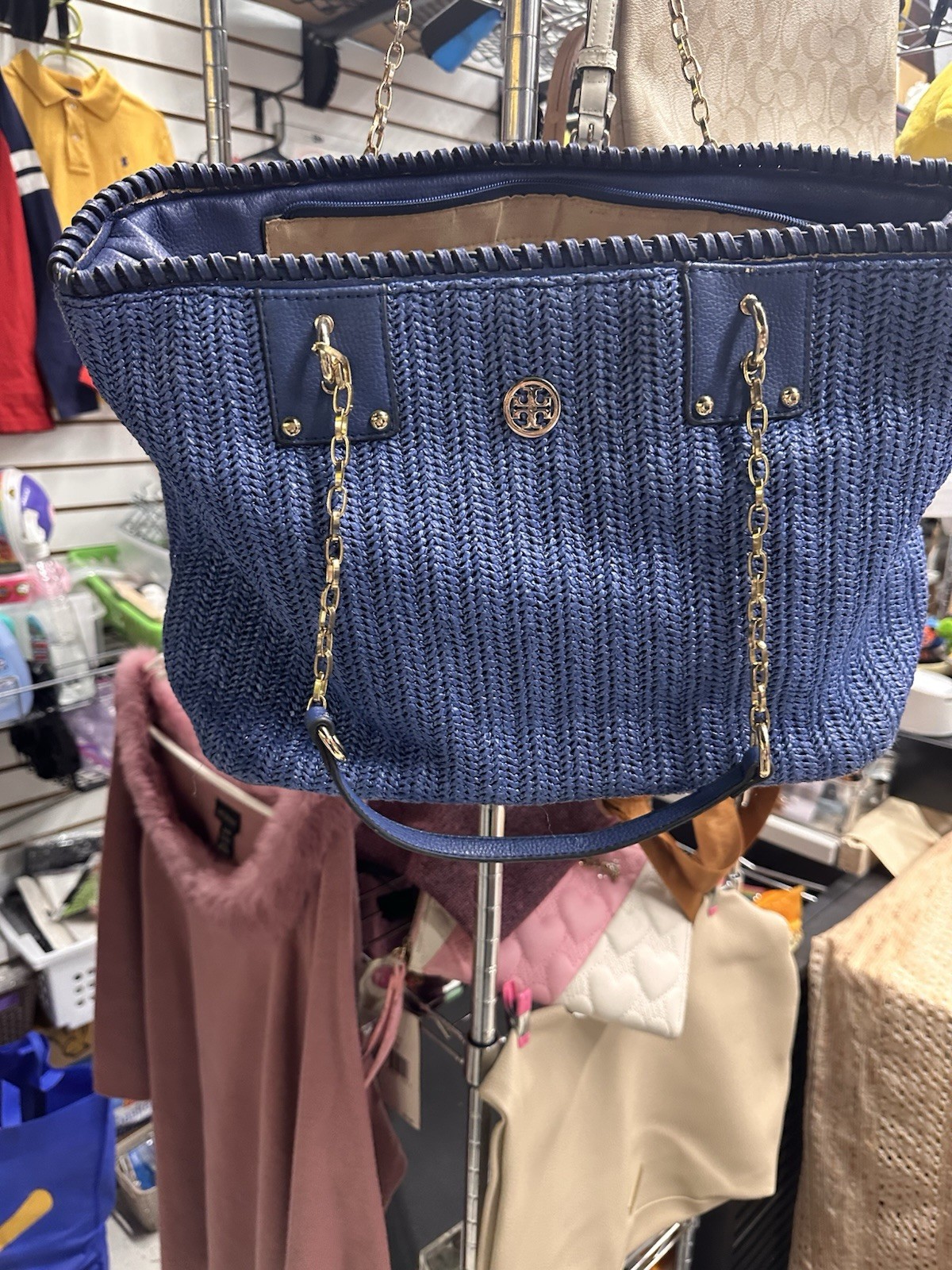 Tory Burch Vintage Woven Basket Bag Large Tote Chain Shoulder Used From Japan