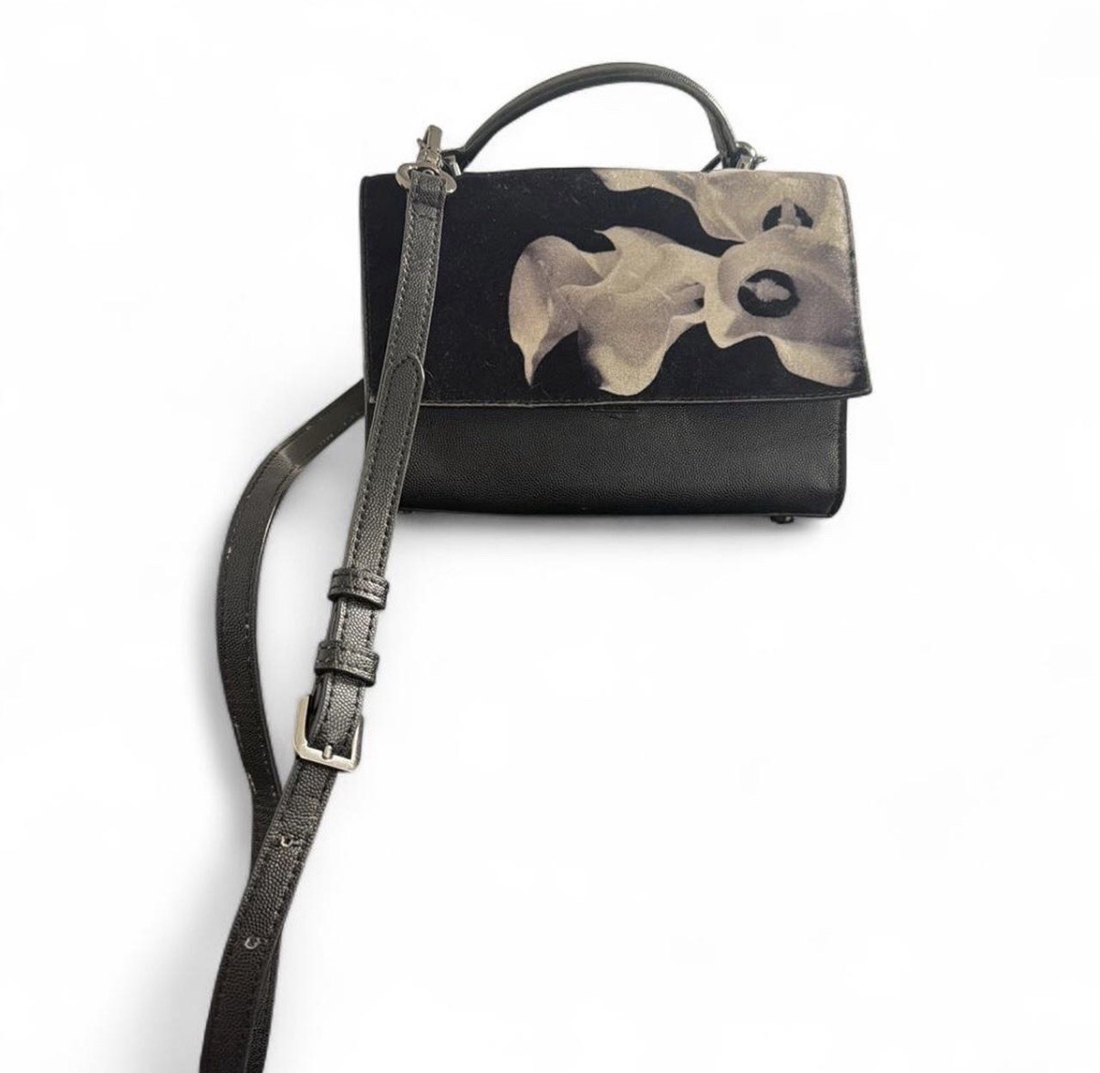 CHARLES & KEITH – Velvet Front Flap Black Flower Mini Bag