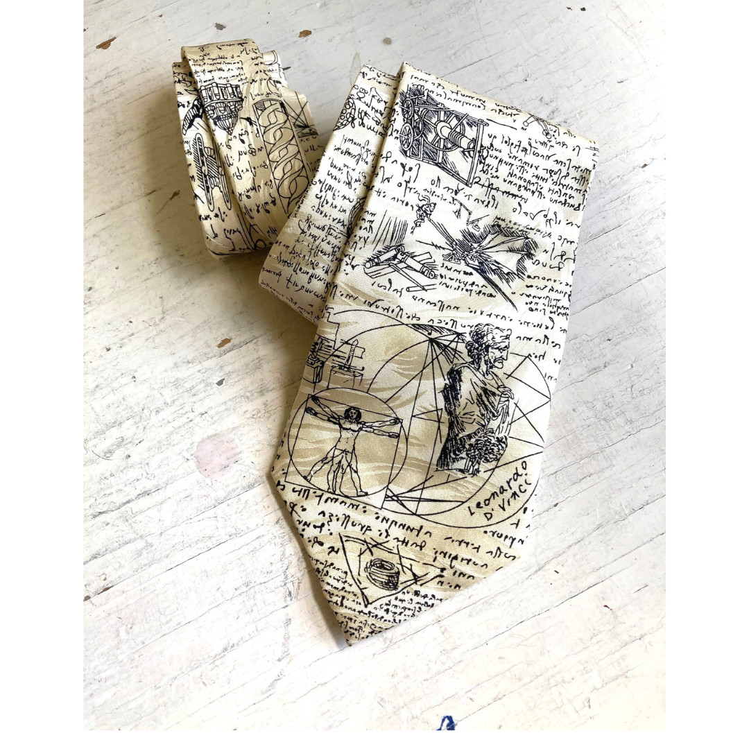 Museum Artifacts Silk Jacquard Necktie Leonardo da Vinci Sketches Cream Black