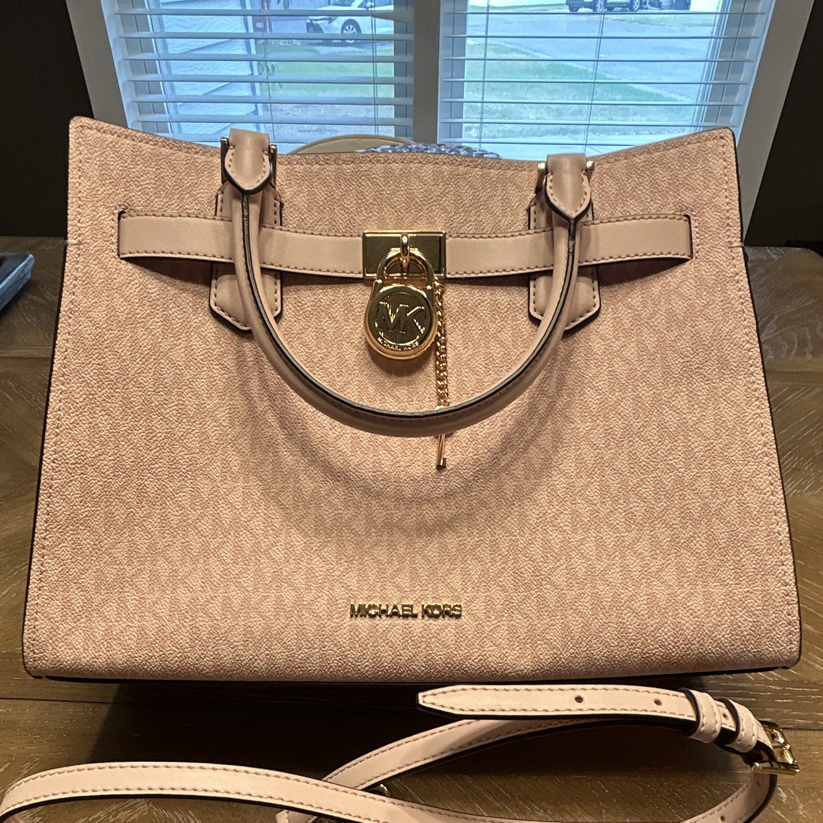 Michael Kors MK Monogram Medium Satchel Top Handle Bag Detachable Strap Pink
