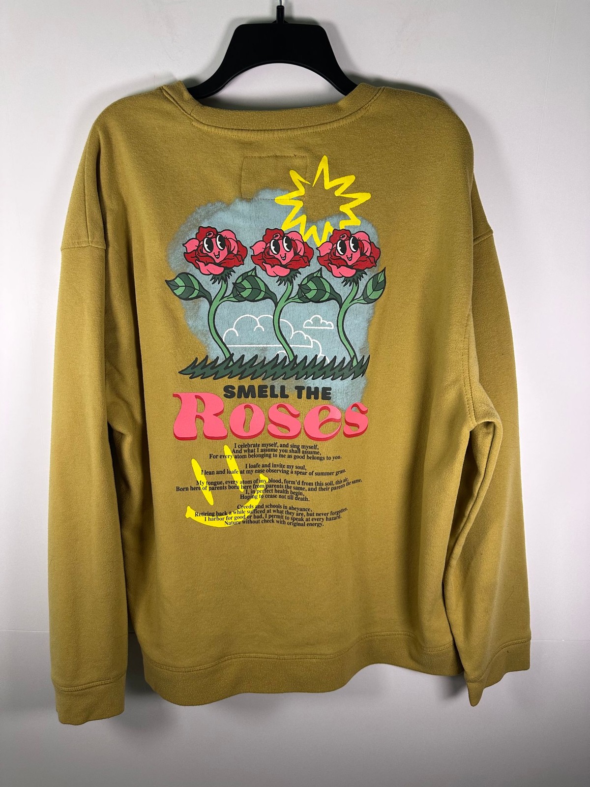 Brixton Sweatshirt Mens XL Graphic Crewneck Smell The Roses Back Print Mustard