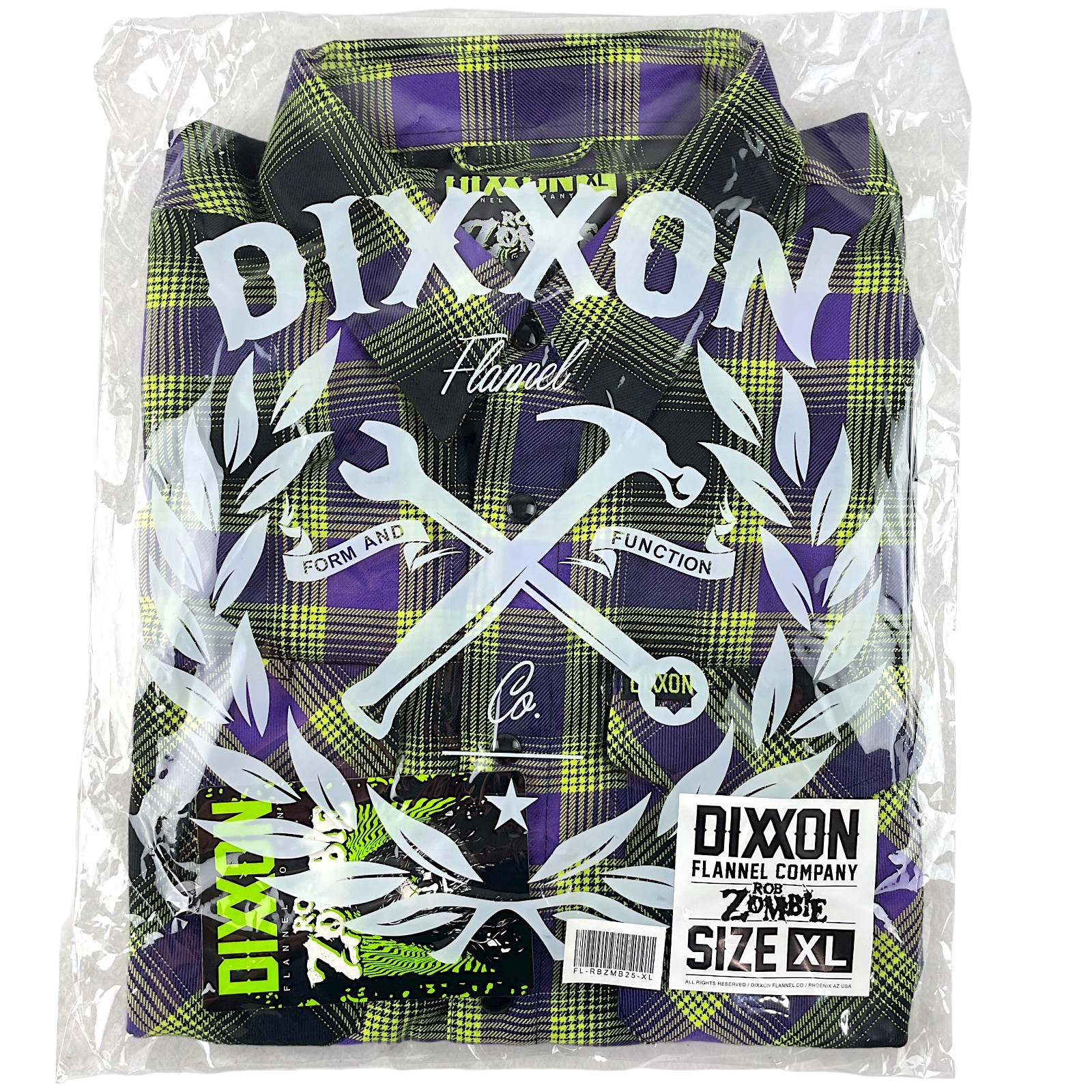 DIXXON Flannel “Rob Zombie” Men’s XL Neon Green & Purple Plaid Snap Band Shirt