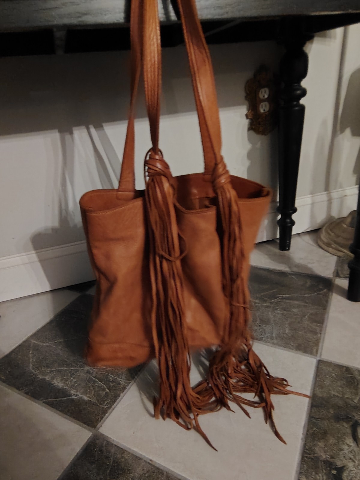 McFadin Texas Handmade Tan Leather Fringe Tote Bag Boho Western Stacy & Laurie