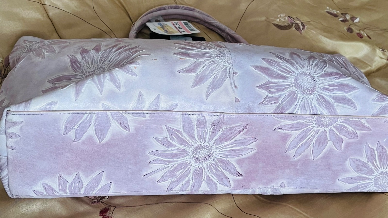 New Falor Italy Leather Tote Bag,Lavender Purple Floral Embossed Sunflower, NWT.