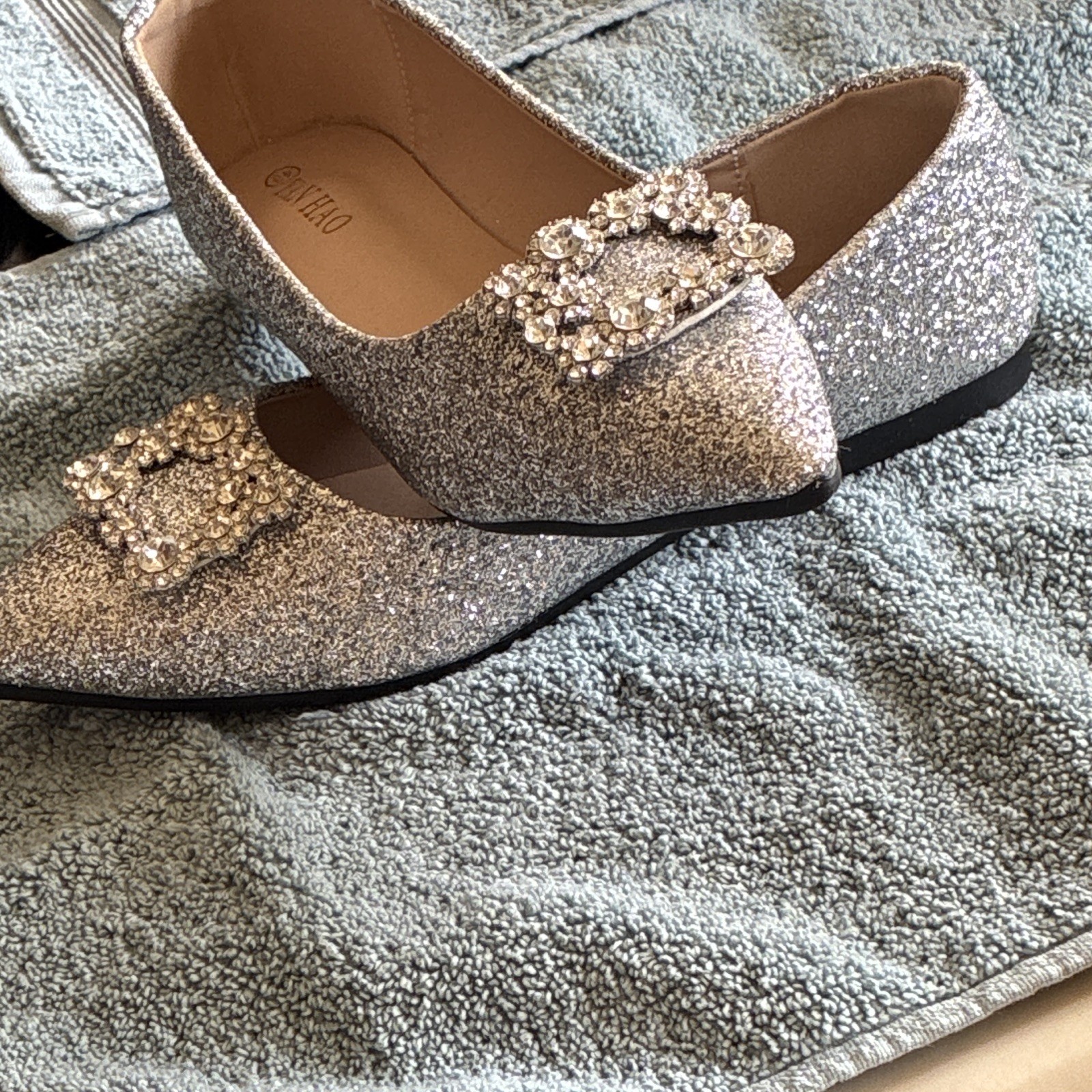 Silver Glitter Pointed Toe Slip-On Ballet Flats Rhinestone 10