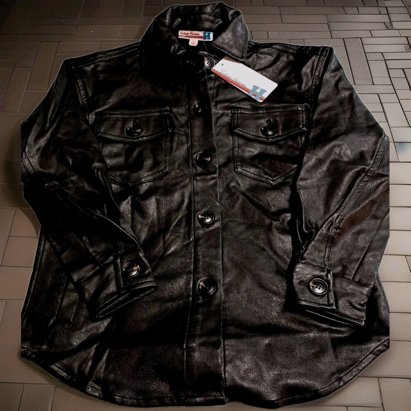 Women’s Vintage Havana Black Faux Leather Button Up Jacket S/M