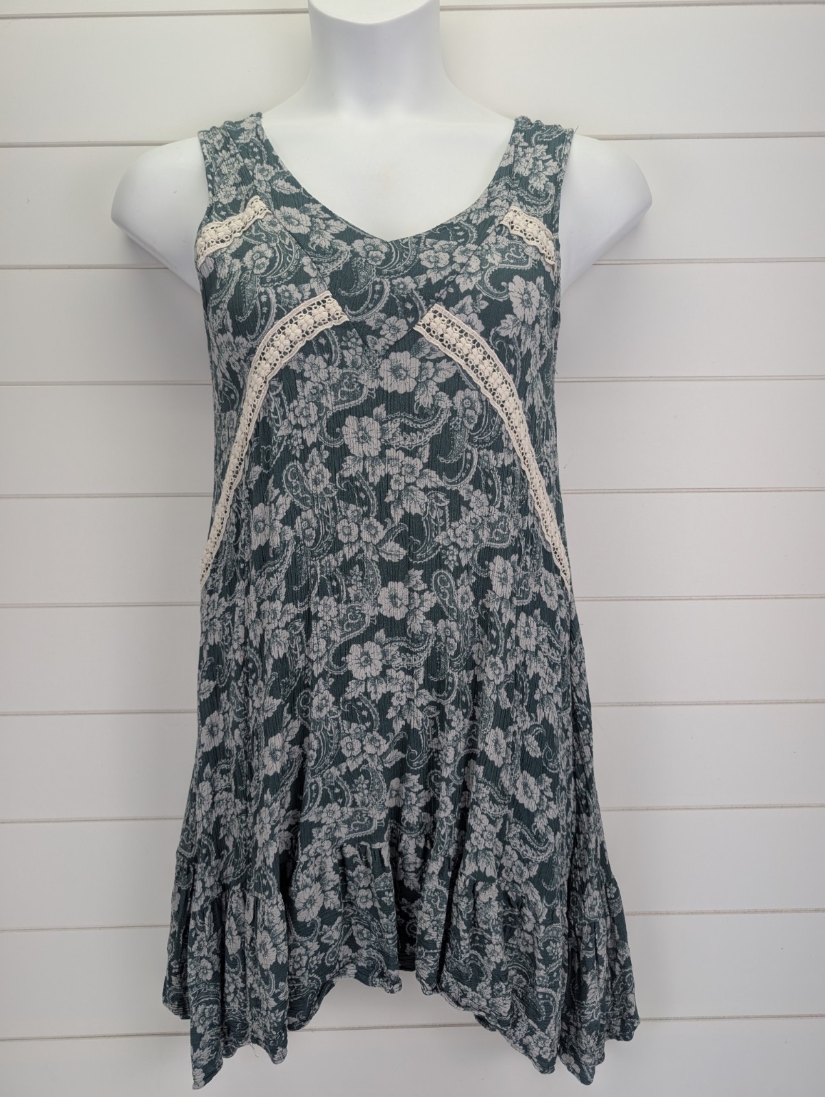 Floral Asymmetrical Dress Women Large Green Crochet Boho Cowgirl Forest Fairy