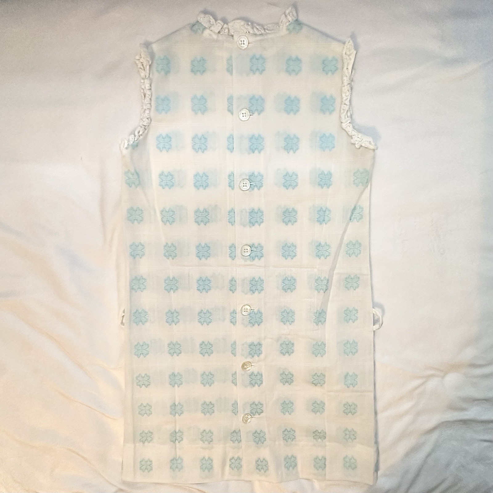Vintage Ever-Press Alyssa 70s Sleeveless Ivory& Blue Clover Shift Dress Girls XL