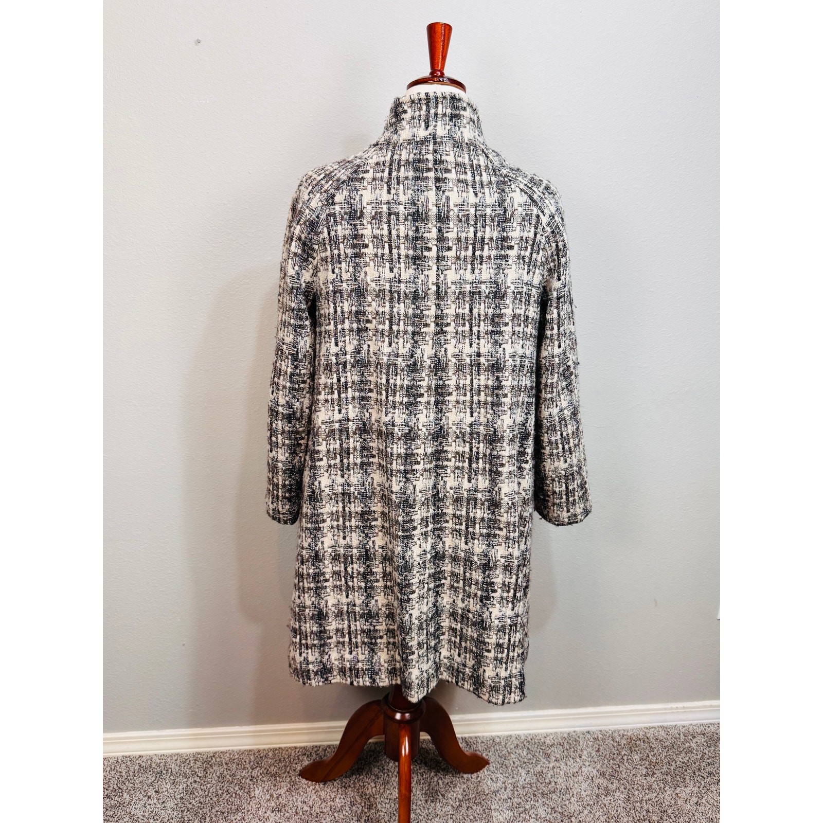 Vintage J. Jill tweed wool blend swing coat lined pockets cream gray long sz SP
