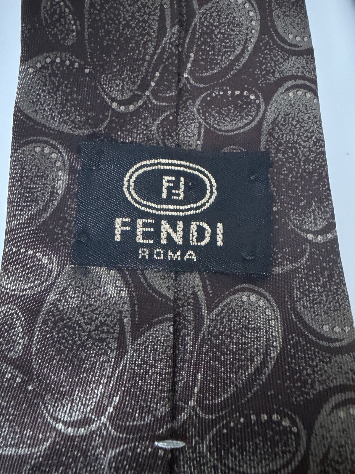 Vintage Fendi Roma Brown Abstract Pebble Silk Tie 90s Made in USA Wide Blade