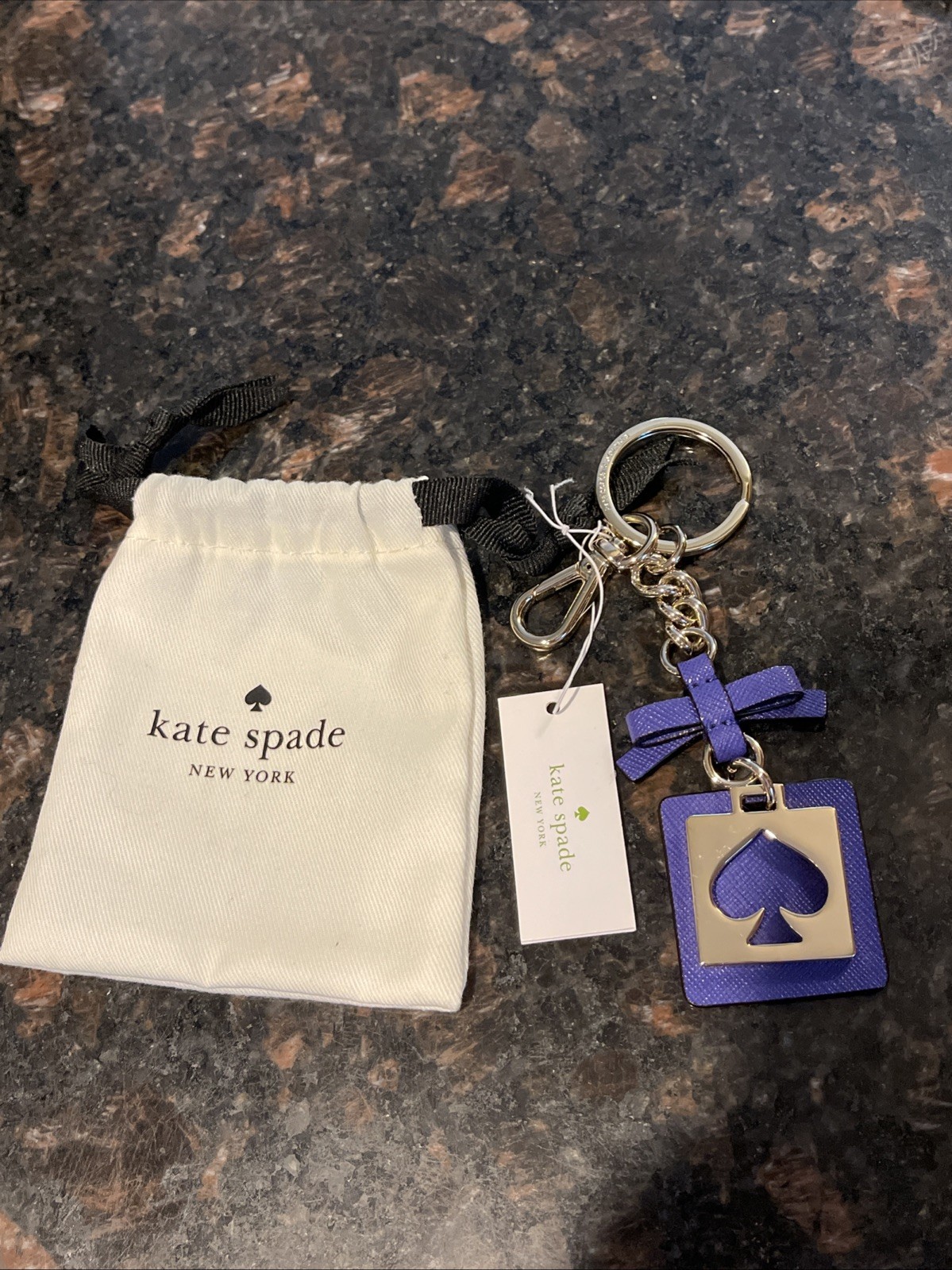 NWT Kate Spade Cutout Spade Gold Key Chain Fob Bag Charm Purple Leather