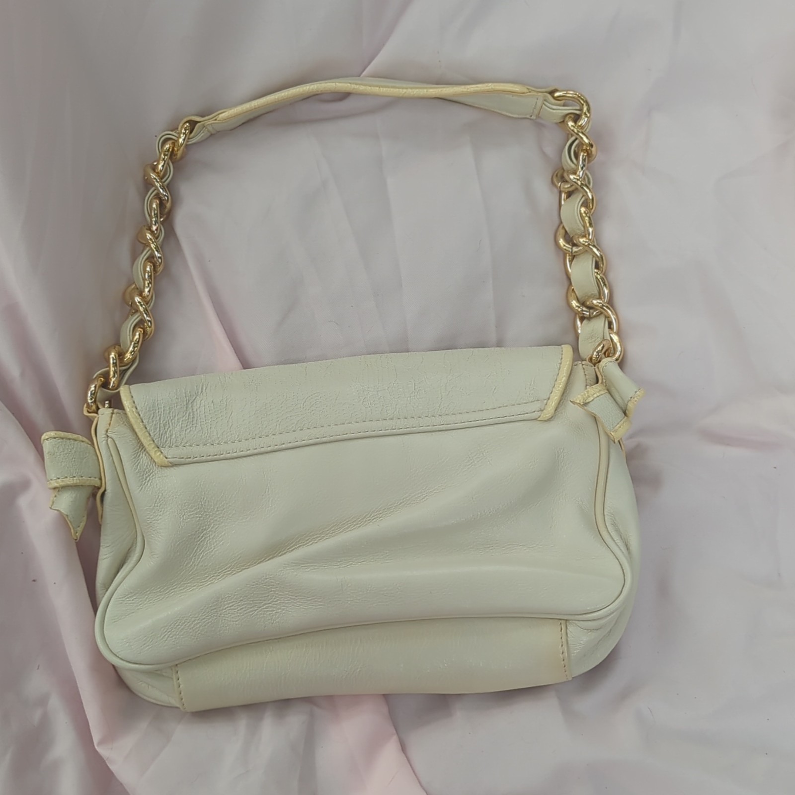 Betsey Johnson Ivory Small Shoulder Bag Gold Chain Strap Pink Gingham Lining