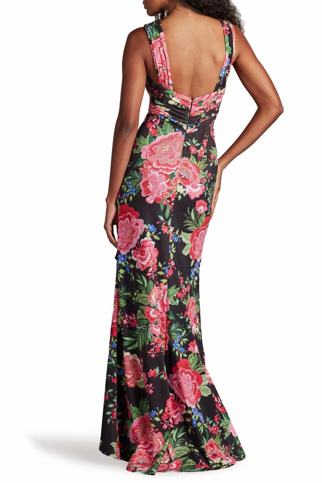 NWT Tadashi Shoji Twist Front Pleated Mermaid Gown in Black Fuchsia Floral Sz S