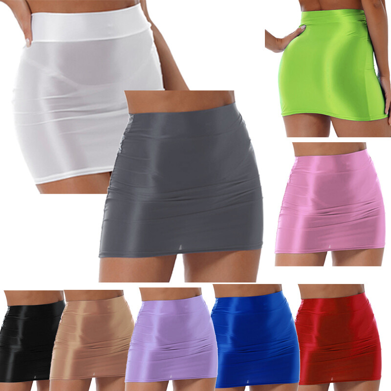 Lady Glossy Shiny Pencil High Waist Wrapped Hip Skirt Bodycon Miniskirt Clubwear