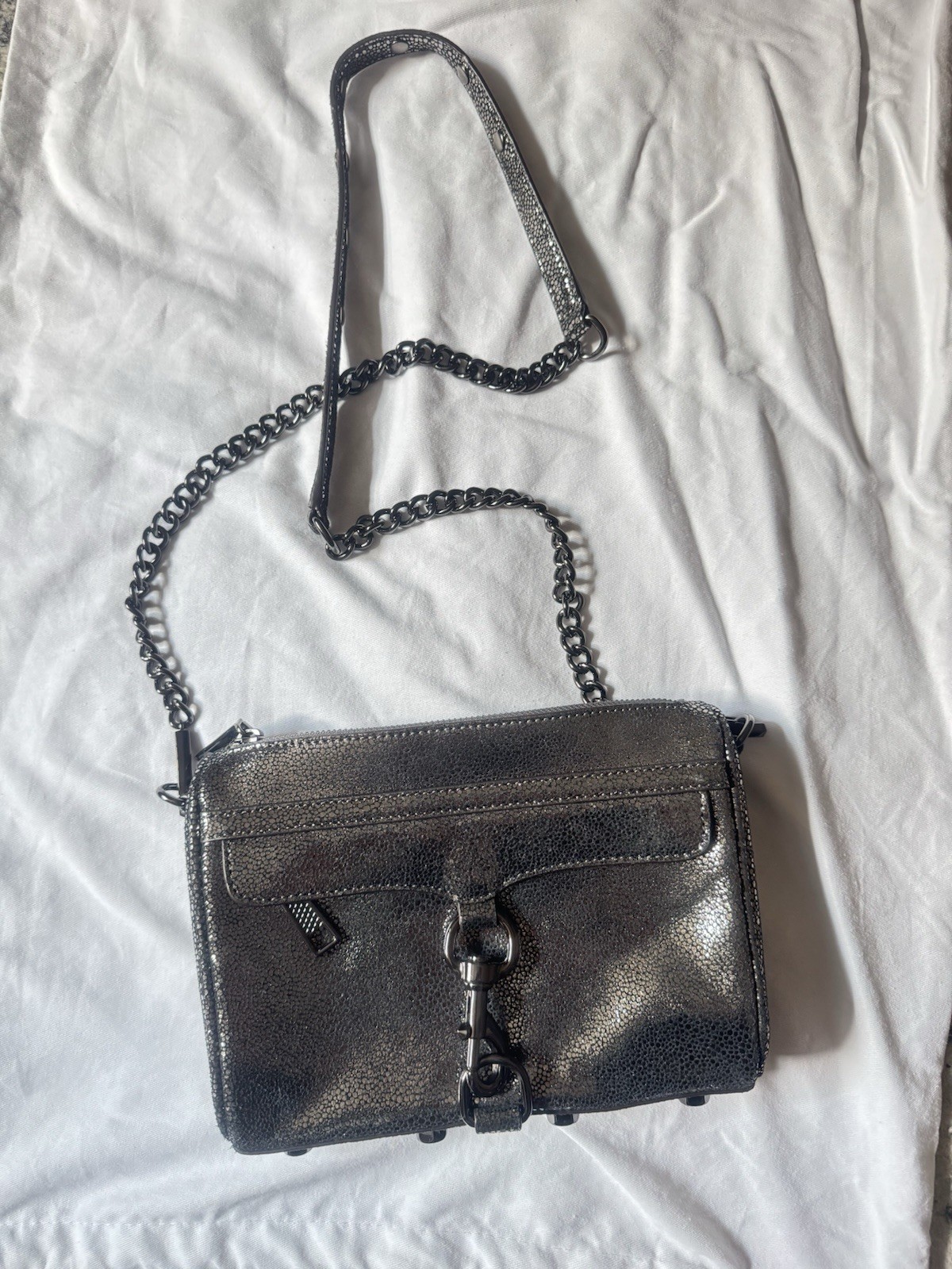 Rebecca Minkoff Mini Mac Clutch SILVER Metallic Black Hardware Crossbody 9”x7”