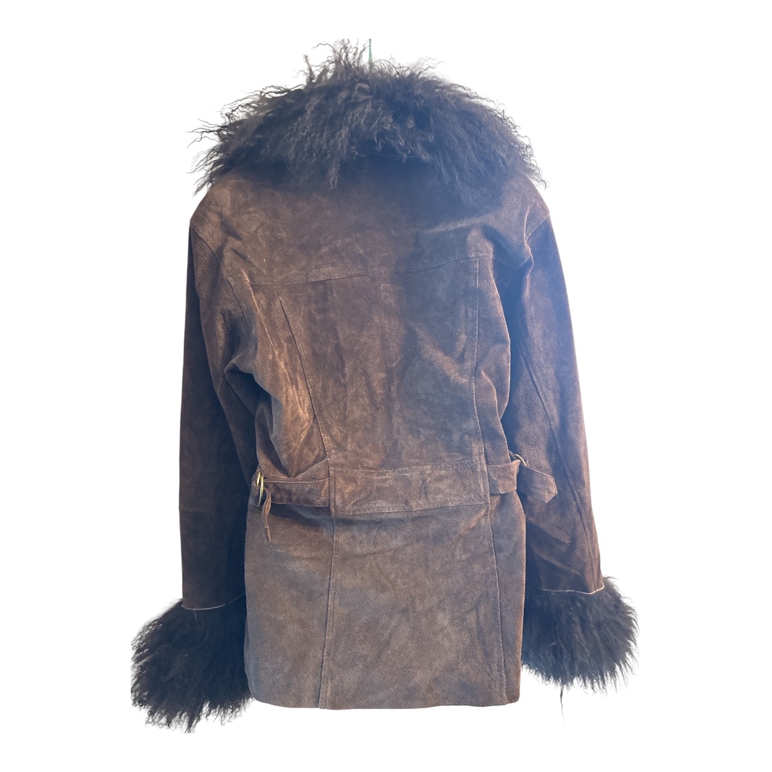 Almost Famous Bohemian Mongolian Suede Fur Collar Vintage Brown Afghan Coat Sz L