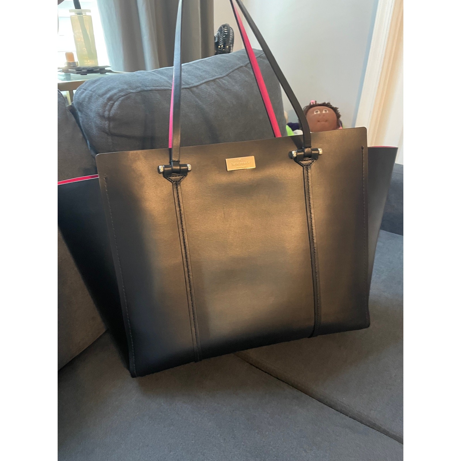 Kate Spade Black Leather Tote Bag Magenta Interior Gold Hardware Work Travel Bag