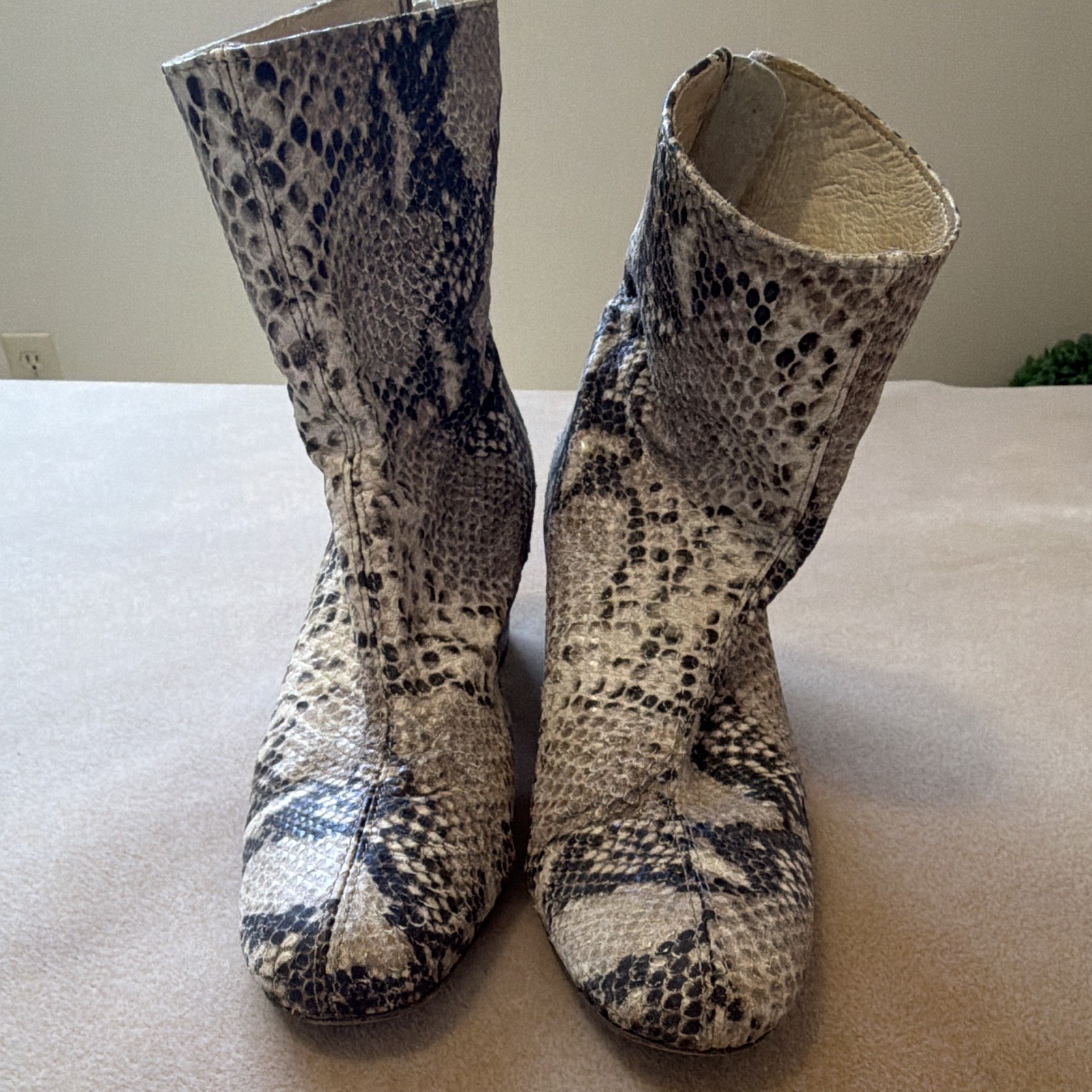 Free People. Women’s Leather Snake Print Ankle Bootie Beige/Black