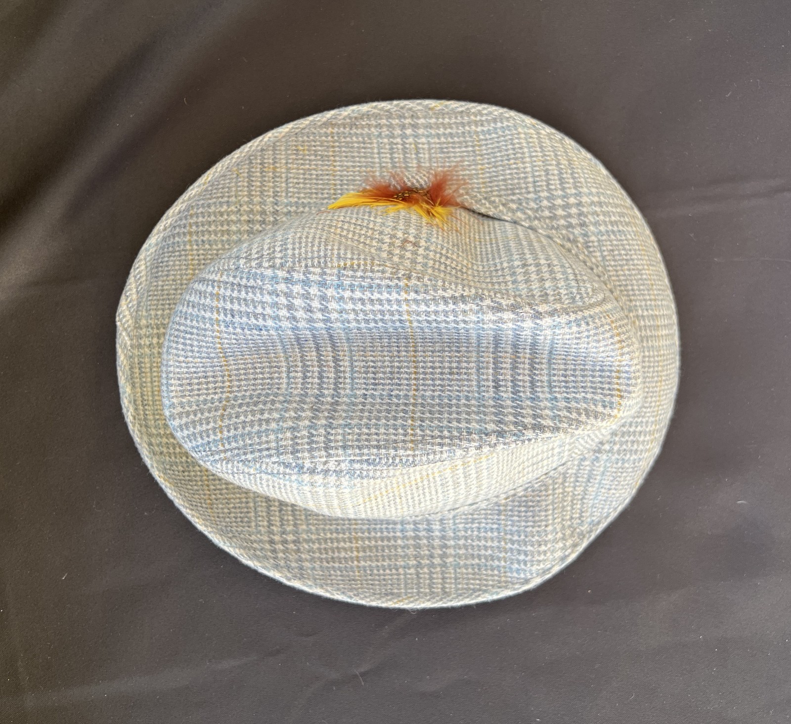 Vintage Fedora Men’s Medium Artel Wool Ivory Gray Blue Plaid Hat w/ Feathers