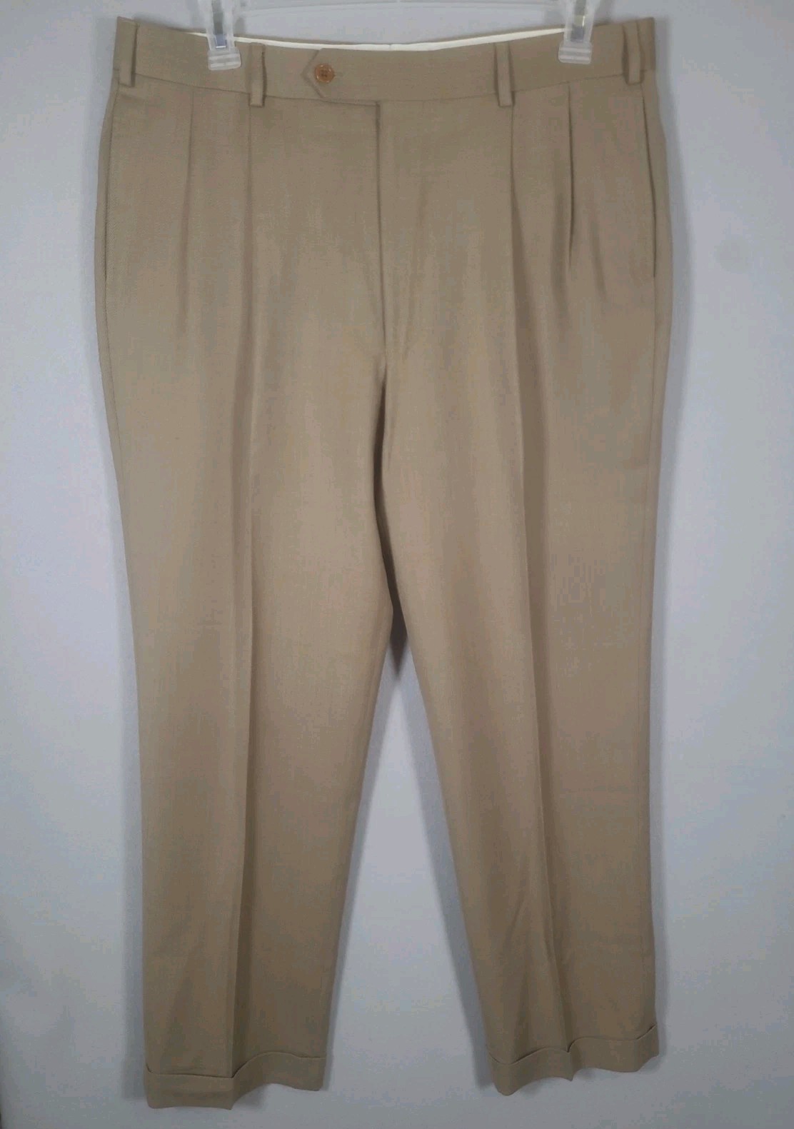 Brooks Brothers 346 Dress Pants Mens 38×30 (Tag 38R) Tan Wool Pleated Cuffed Hem