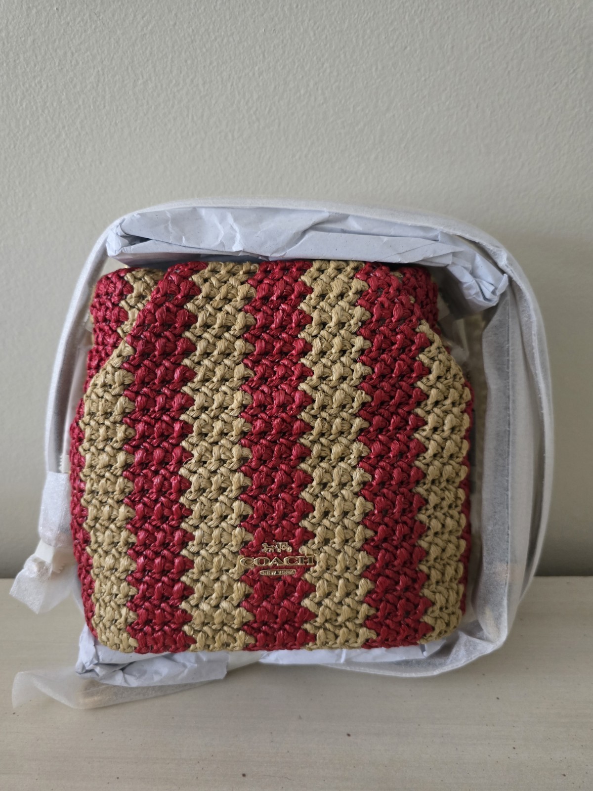 Coach Outlet Faye Mini Drawstring Bag – Stripe CEN17 IMZ1Y Red/Tan NWT