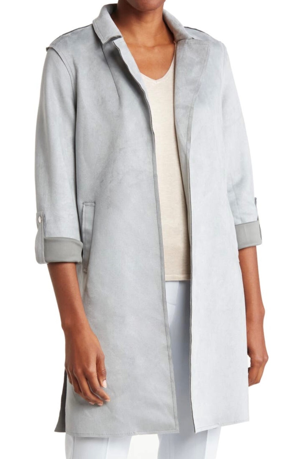 T TAHARI – SIZE: MEDIUM – Faux Blue Suede Roll Tab Open Topper Coat – NEW!