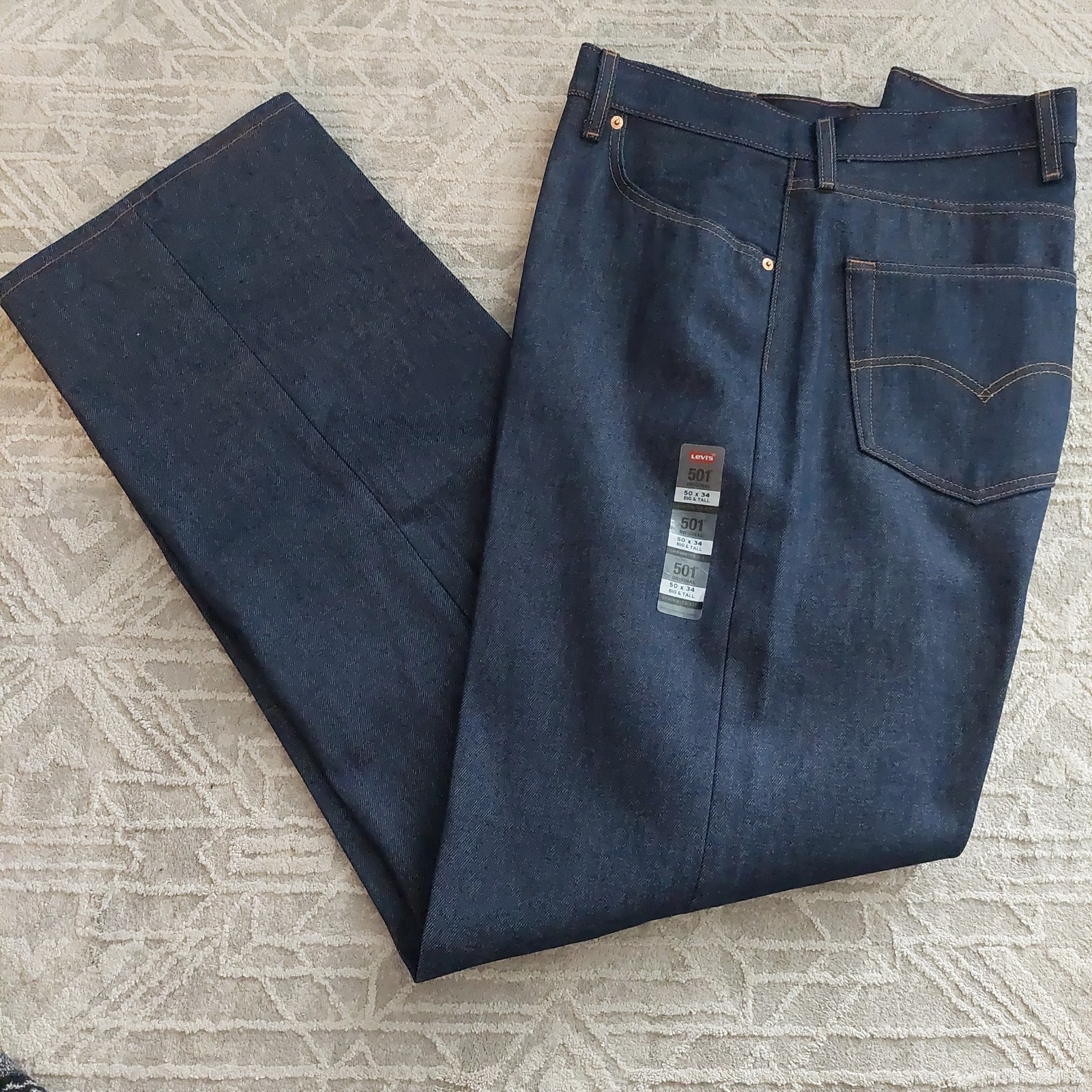 Levis 501 Original Jeans Mens 50×34 Dark Wash Button Fly Shrink To Fit Ridged