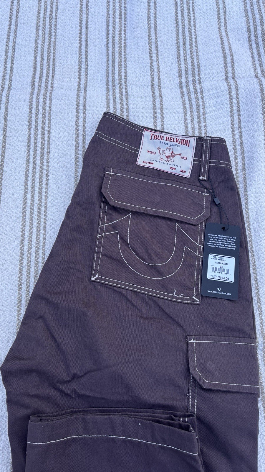 True Religion Men’s Bracken Brown Wide Cargo Pants, Size 34