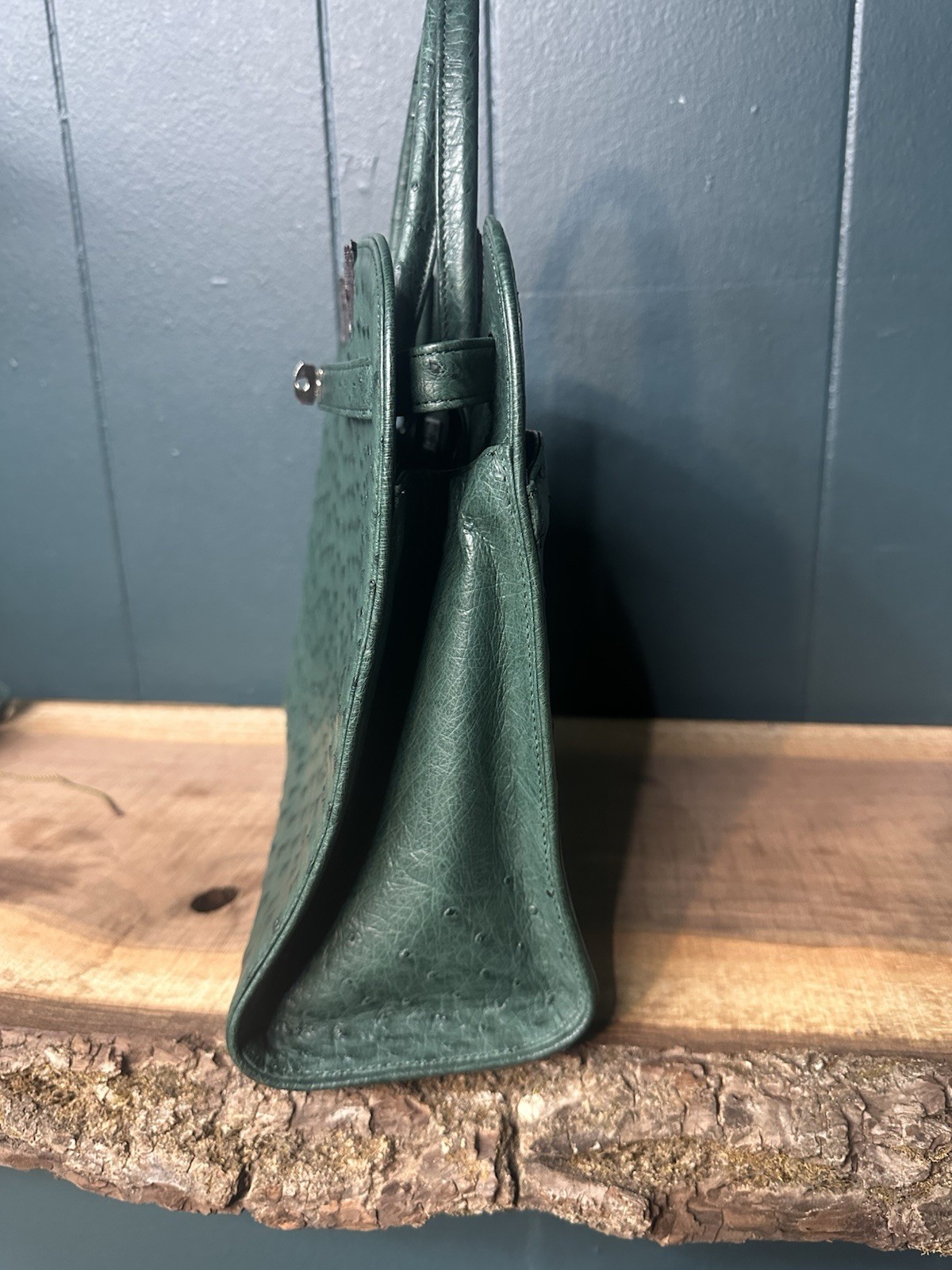 JRA Celencee Nicola Ferri Green Ostrich Leather Top Handle Bag