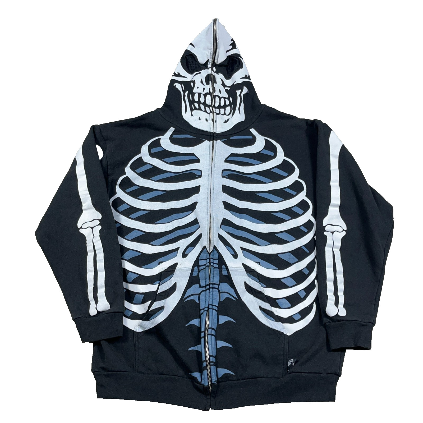 Vintage Y2K Hybird Hoodie Men XL Black AOP Skeleton Bones Mask Skate Jacket 00s