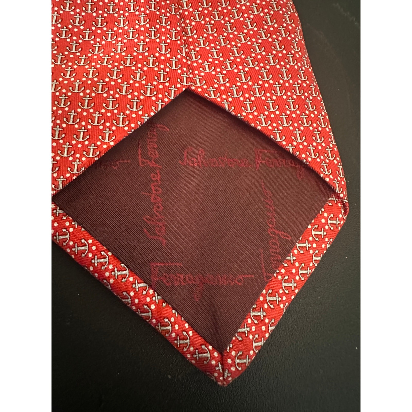 Salvatore Ferragamo Red Anchor Silk Tie Made In Italy 100% Silk Nautical 3.25″