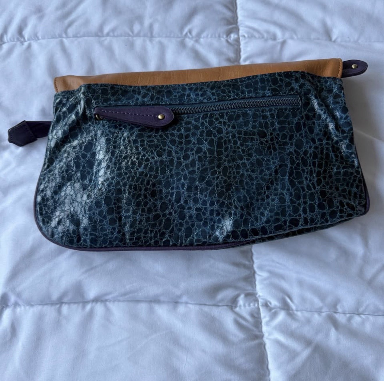 Teal Croc-Embossed Envelope Clutch – Colorblock | 4 Compartments | Brand New