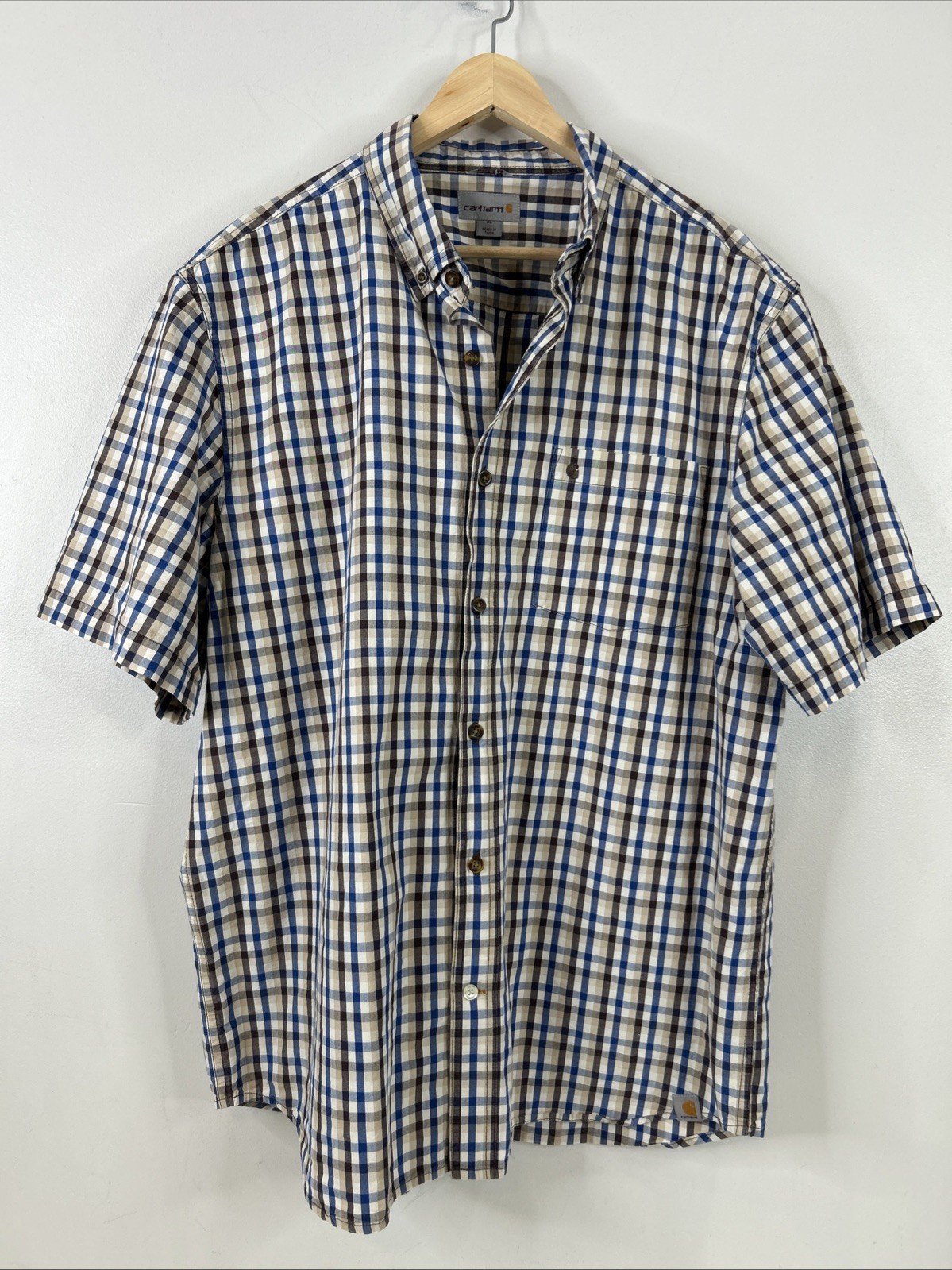 Carhartt Mens Short Sleeve Button Front Shirt Brown Blue Tan Plaid Size XL