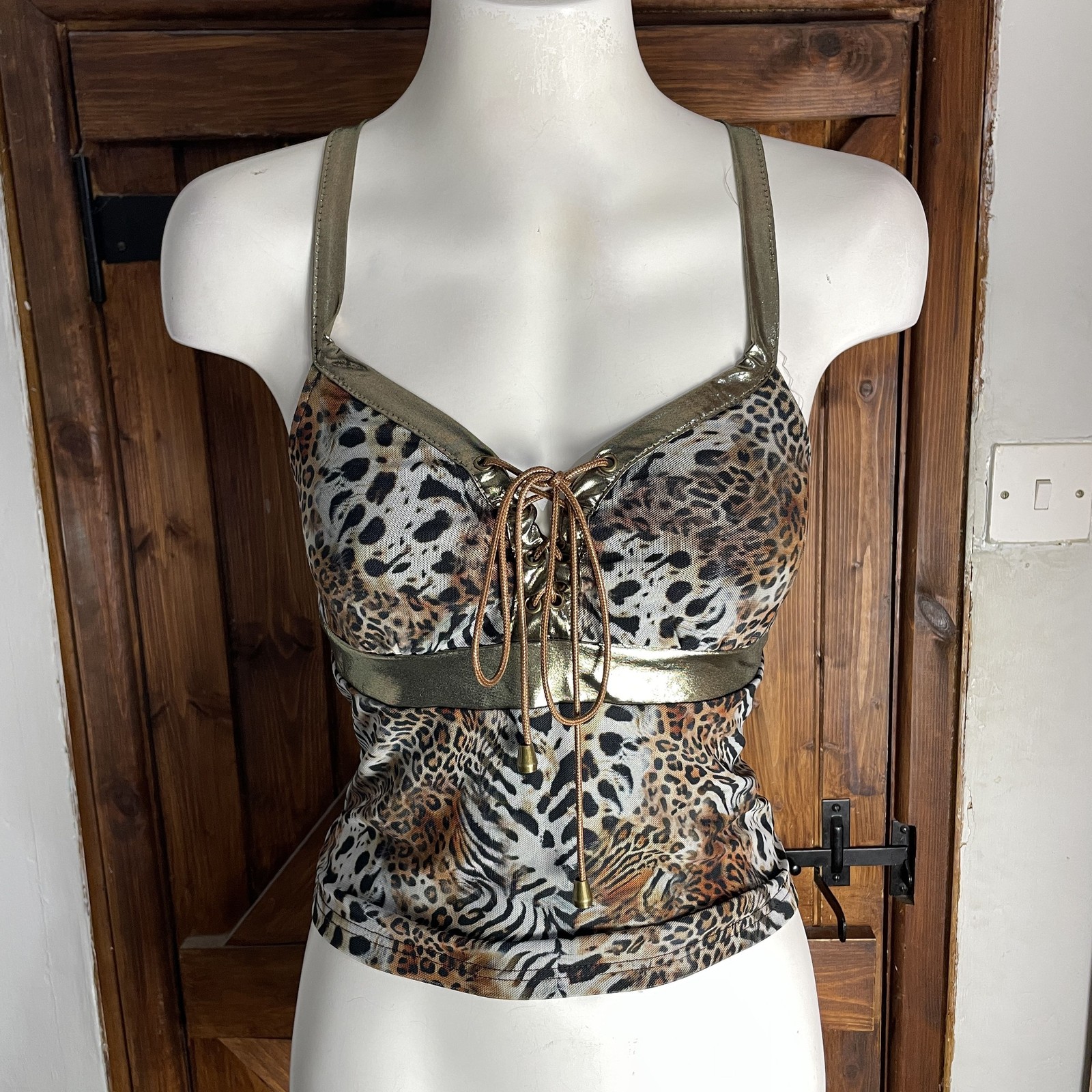 Romwe Y2K Brown Leopard Print Gold Corset Bust Short Cami Top UK 10
